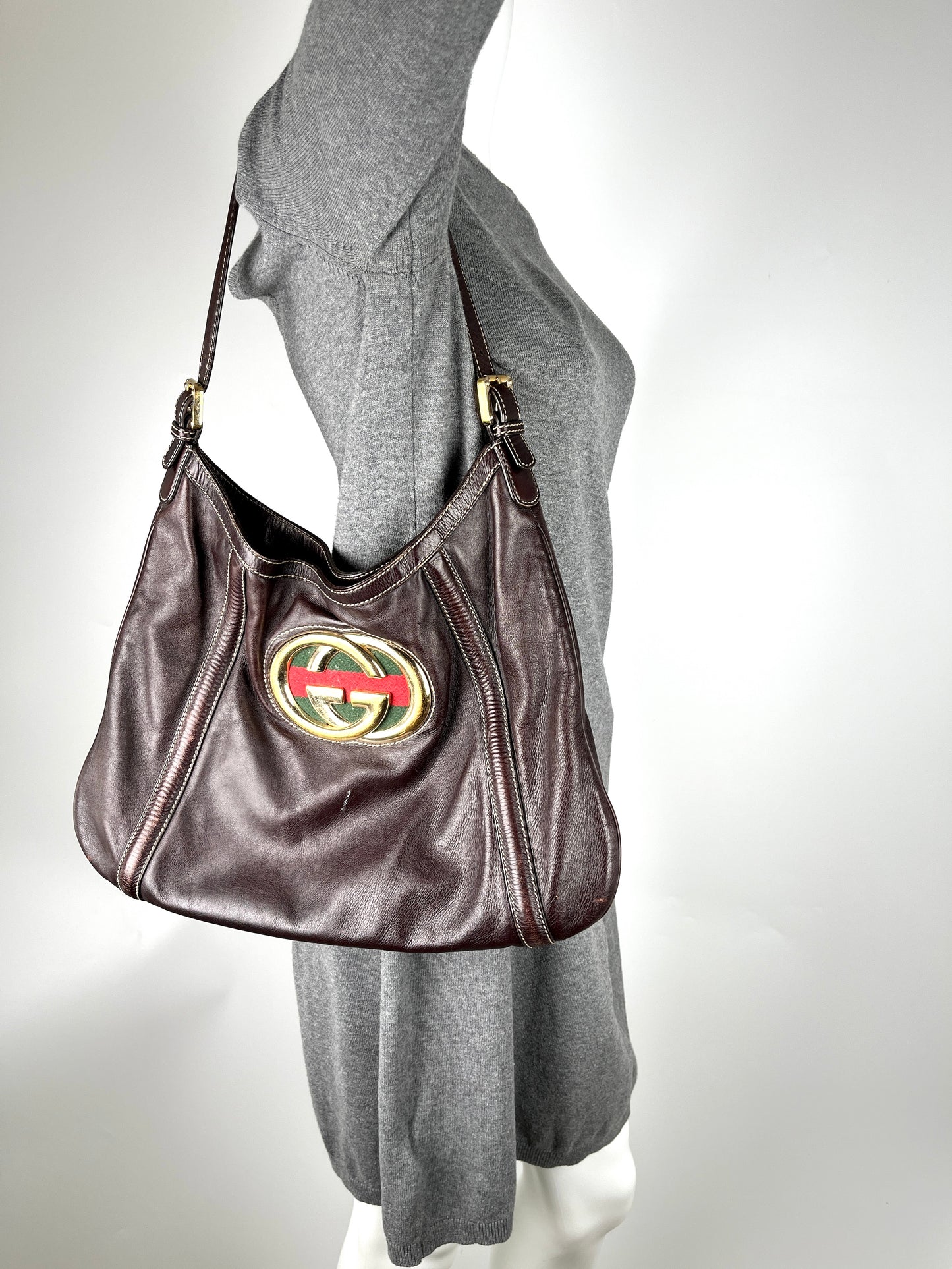 GUCCI Web Calfskin Medium Britt Brown GG Leather Hobo Bag 