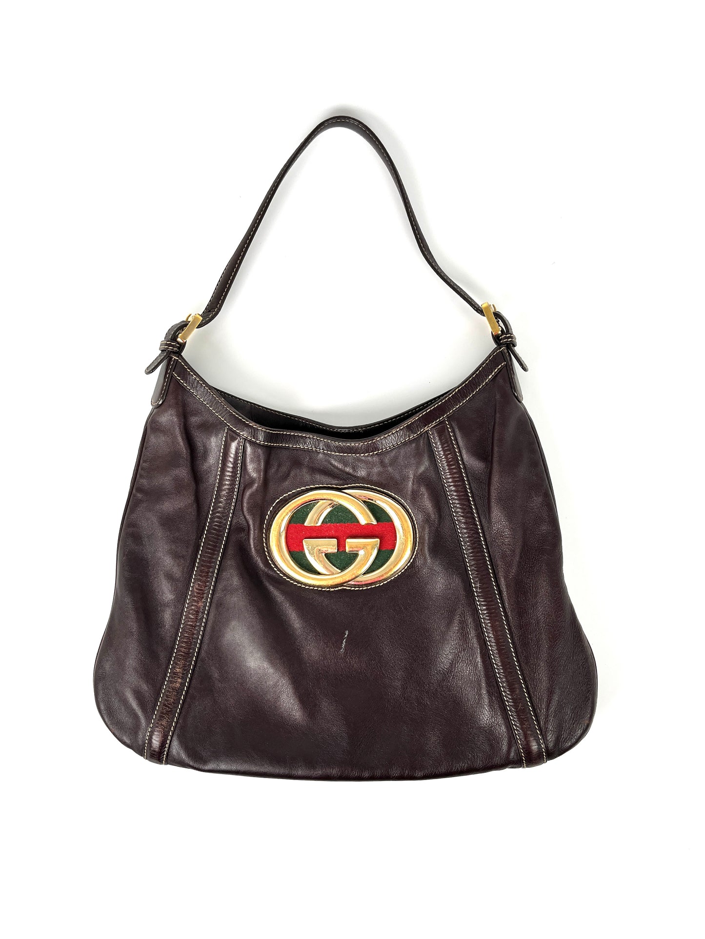 GUCCI Web Calfskin Medium Britt Brown GG Leather Hobo Bag 