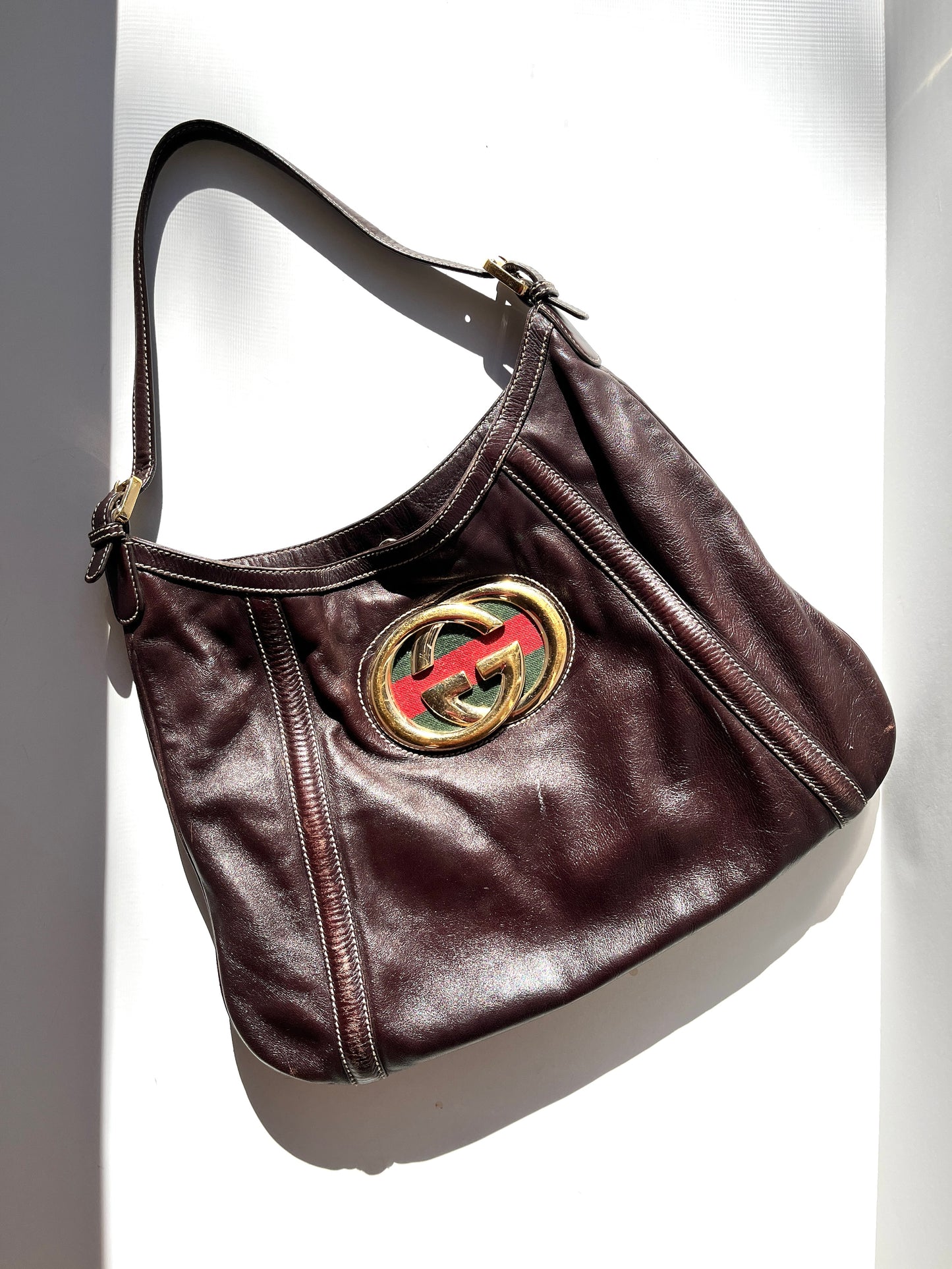 GUCCI Web Calfskin Medium Britt Brown GG Leather Hobo Bag