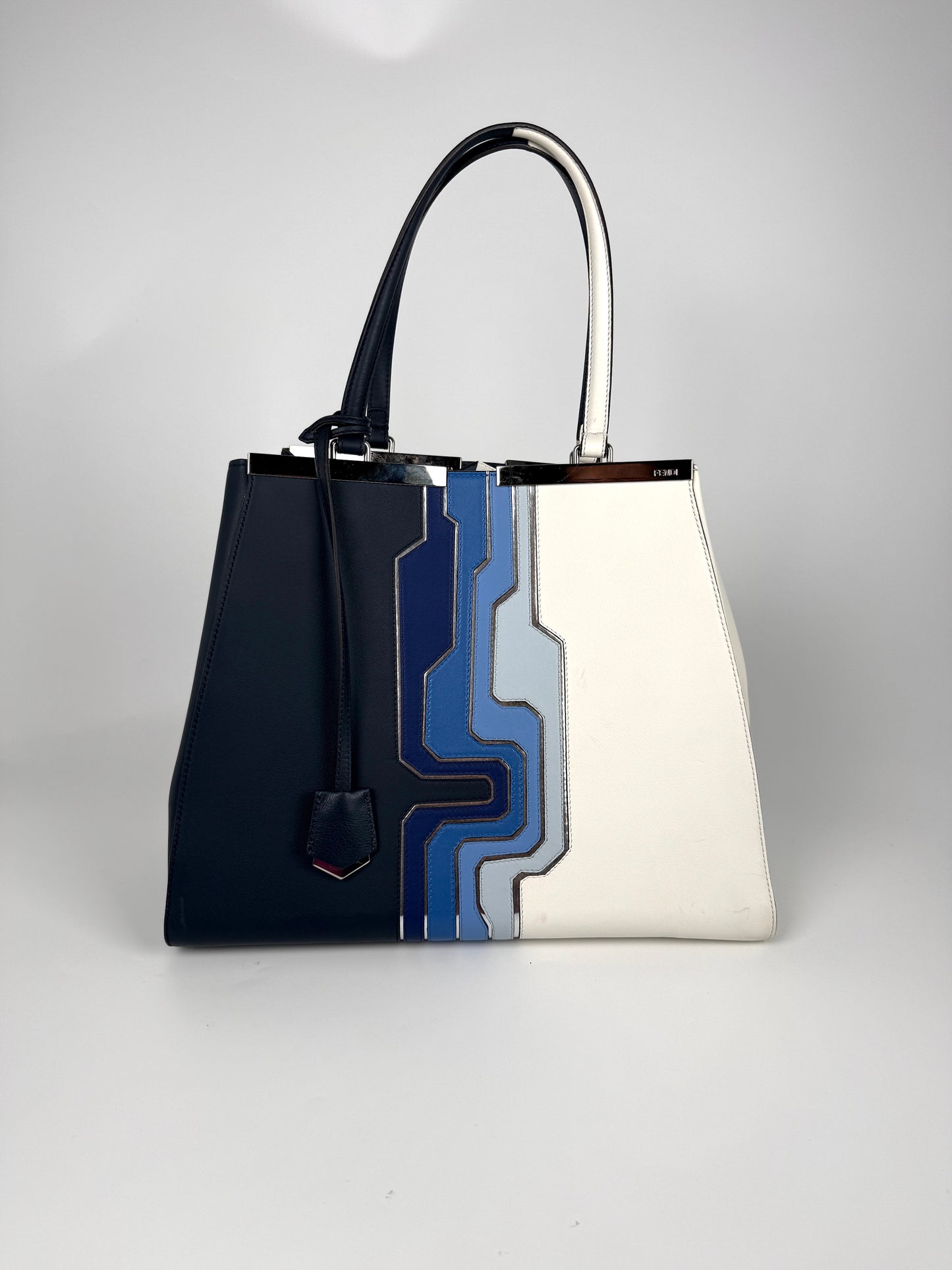 FENDI Vitello 3Jours Circuit Inlay Blue Navy White Large Shopping Tote Bag 