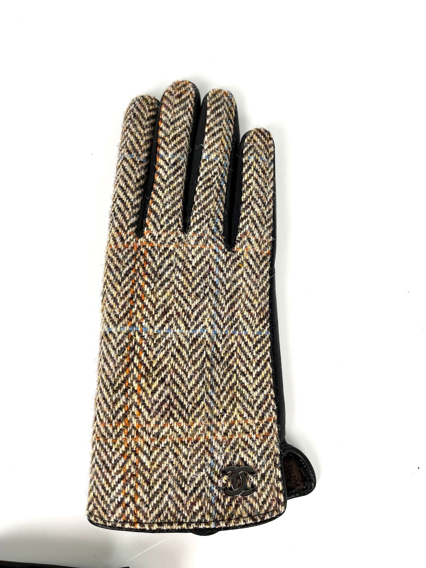 New CHANEL CC Wool Leather Black Beige Gloves M