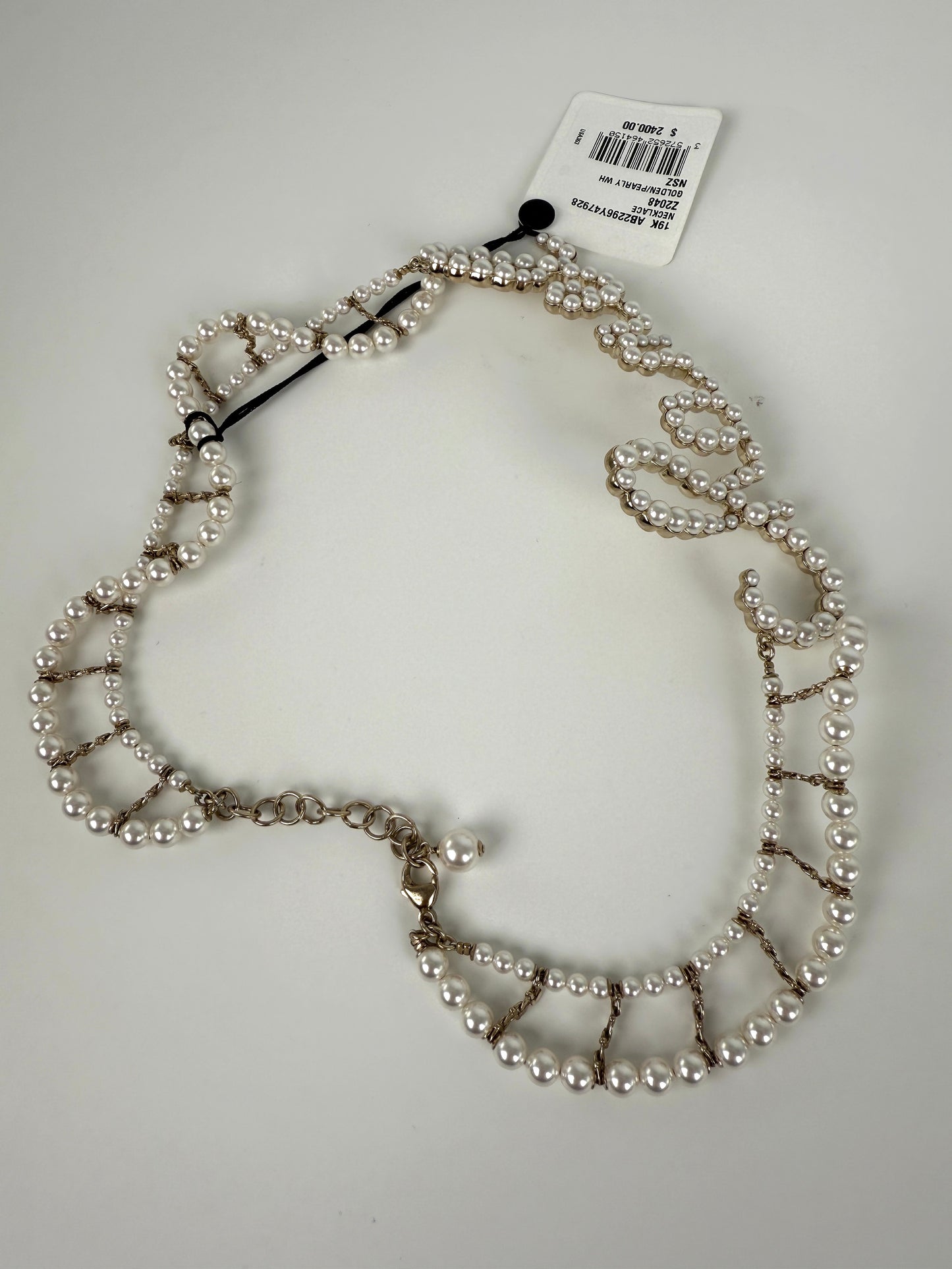 CHANEL Imitation Pearl Swirling Logo Letter Choker Necklace