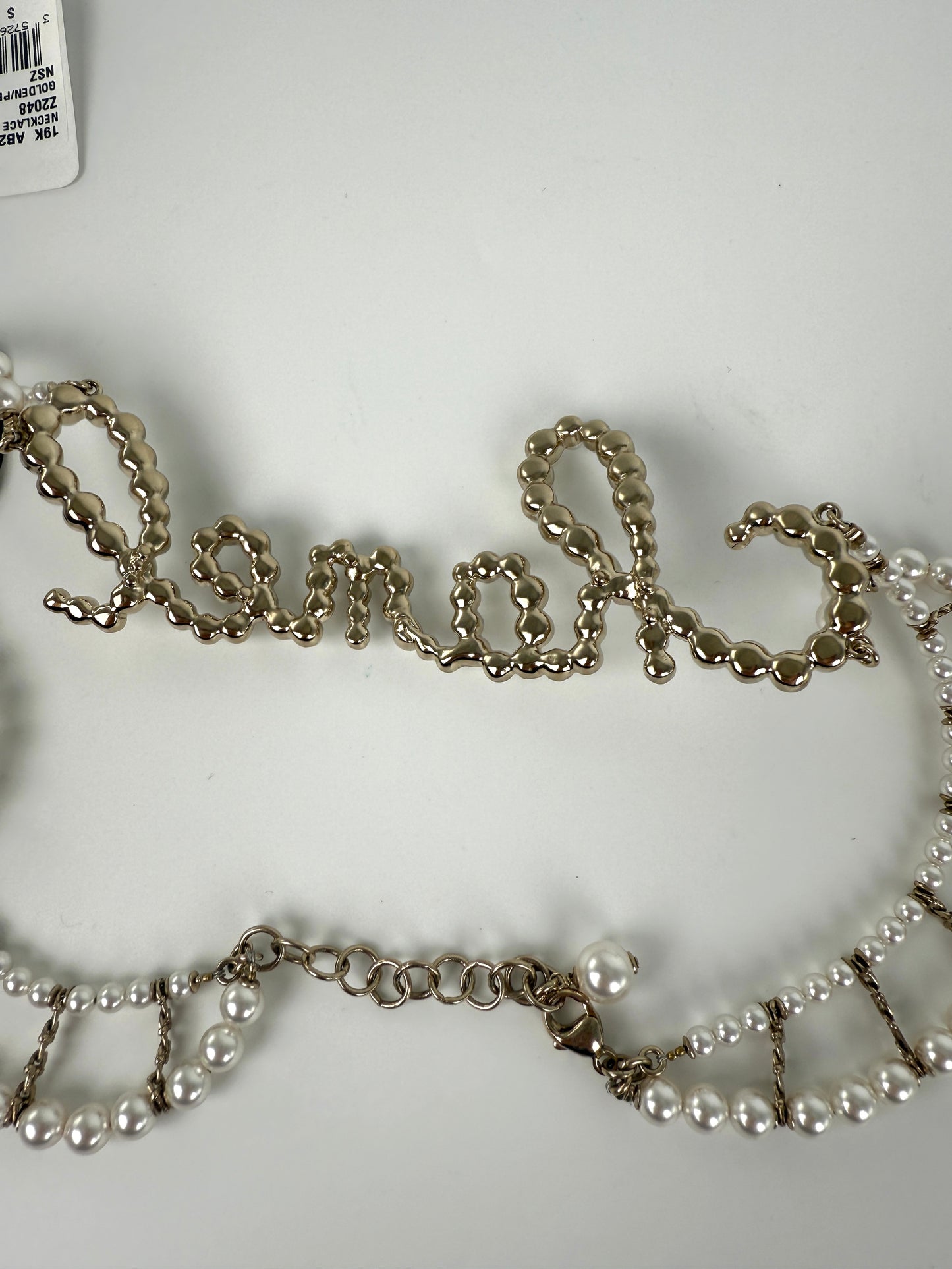 CHANEL Imitation Pearl Swirling Logo Letter Choker Necklace