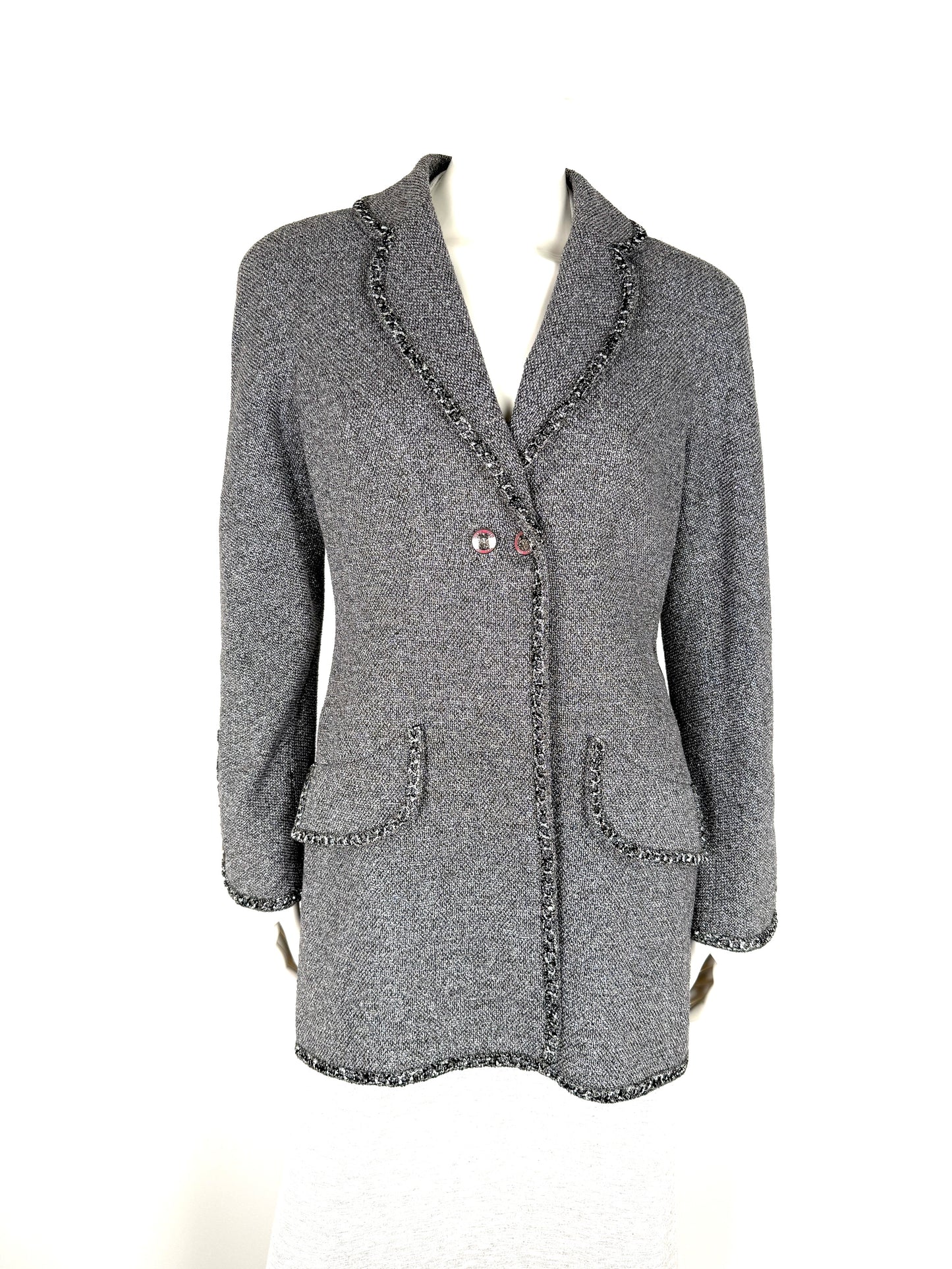 CHANEL Collared Runaway 2020 Black Gray Silver Long Tweed Coat Jacket 40 8