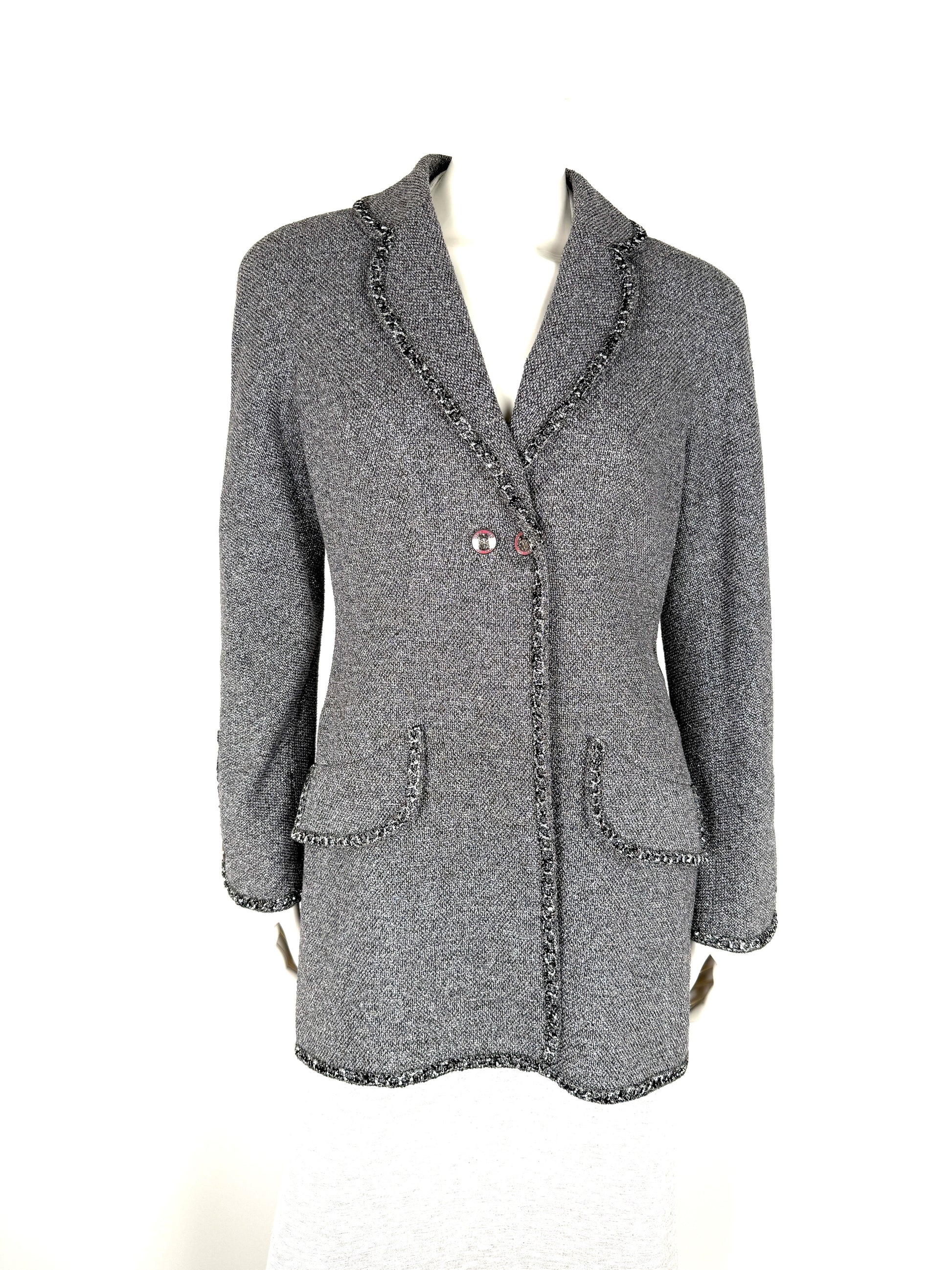 CHANEL Collared Runaway 2020 Black Gray Silver Long Tweed Coat Jacket 40 8