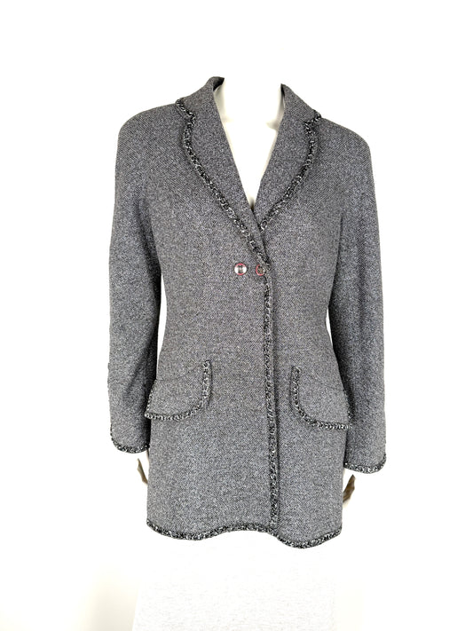 CHANEL Collared Runaway 2020 Black Gray Silver Long Tweed Coat Jacket 40 8