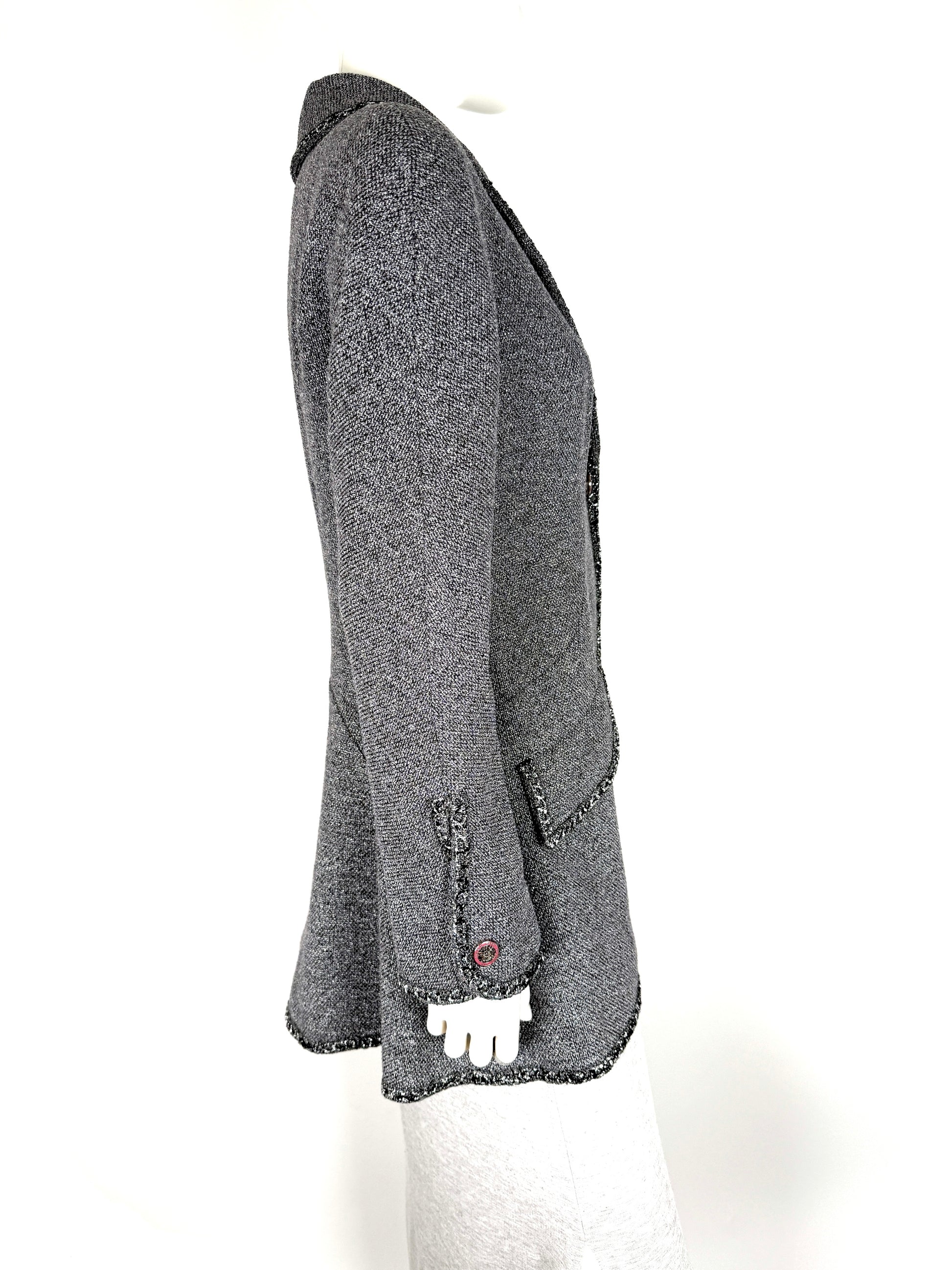 CHANEL Collared Runaway 2020 Black Gray Silver Long Tweed Coat Jacket 40 8