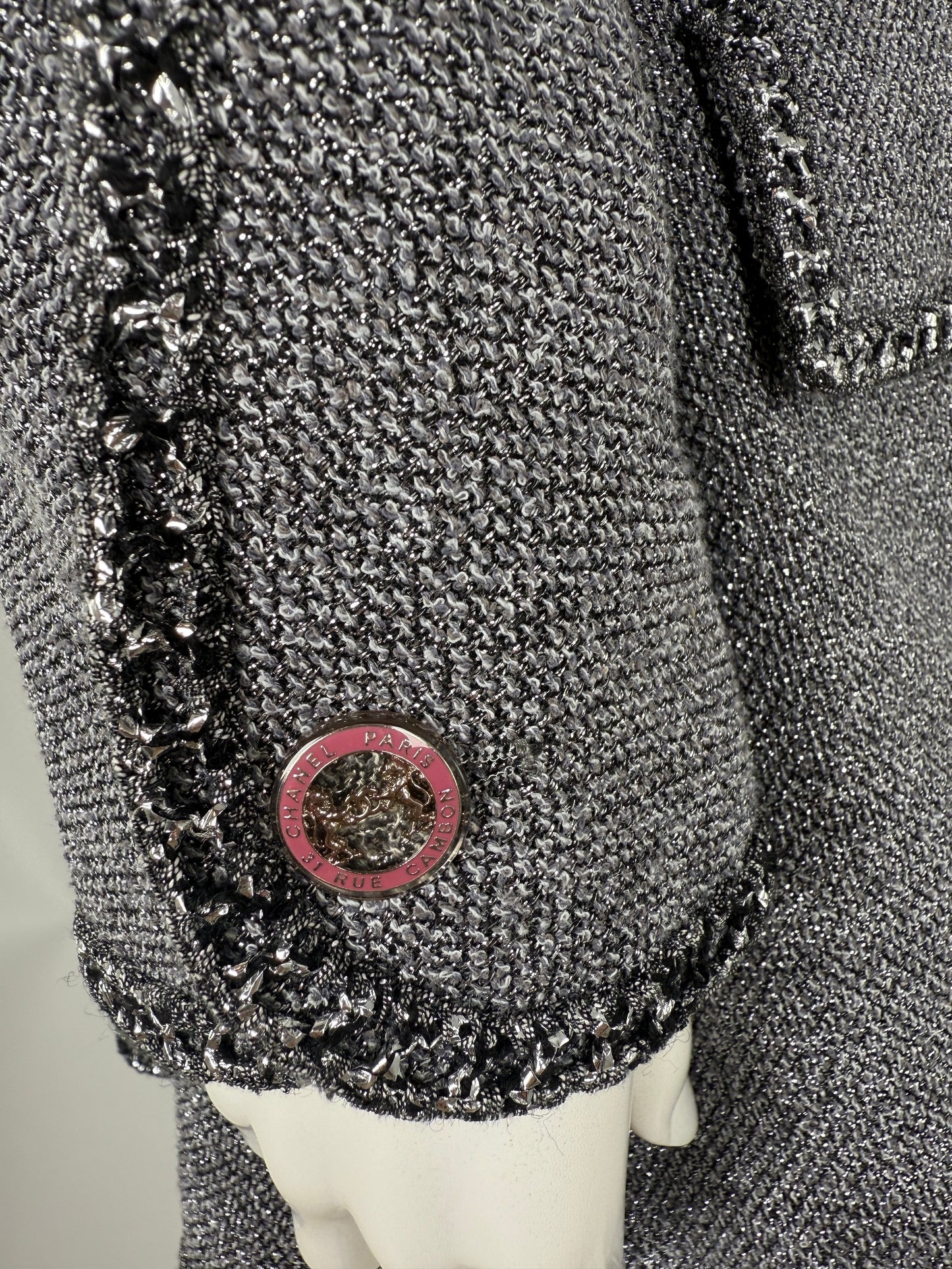 CHANEL Collared Runaway 2020 Black Gray Silver Long Tweed Coat Jacket 40 8