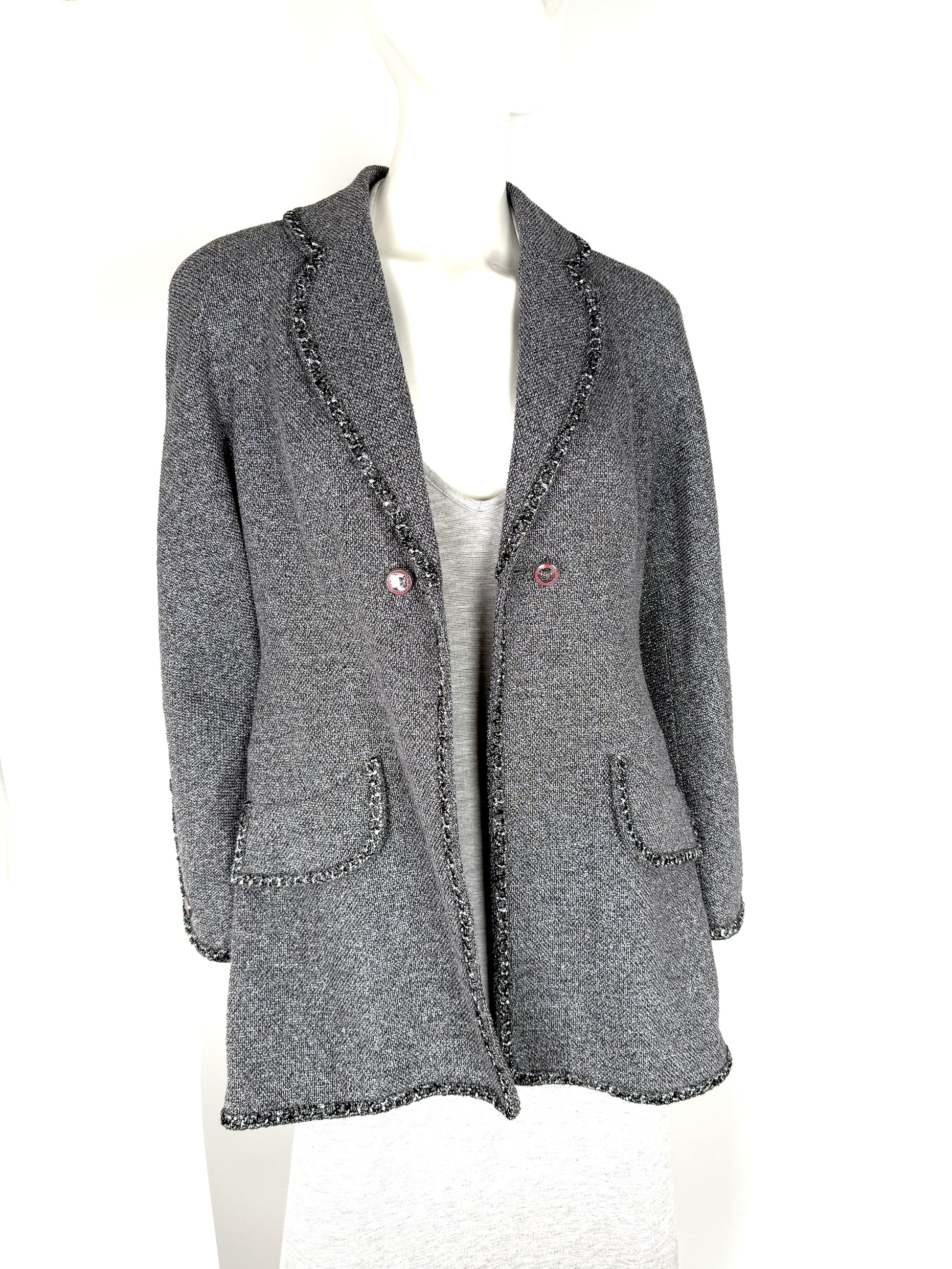 CHANEL Collared Runaway 2020 Black Gray Silver Long Tweed Coat Jacket 40 8