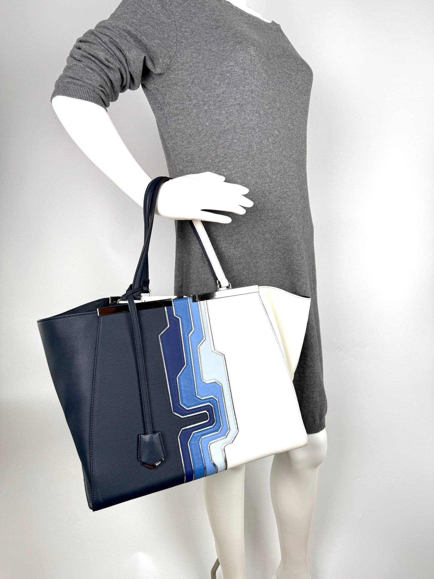FENDI Vitello 3Jours Circuit Inlay Blue Navy White Large Shopping Tote Bag 
