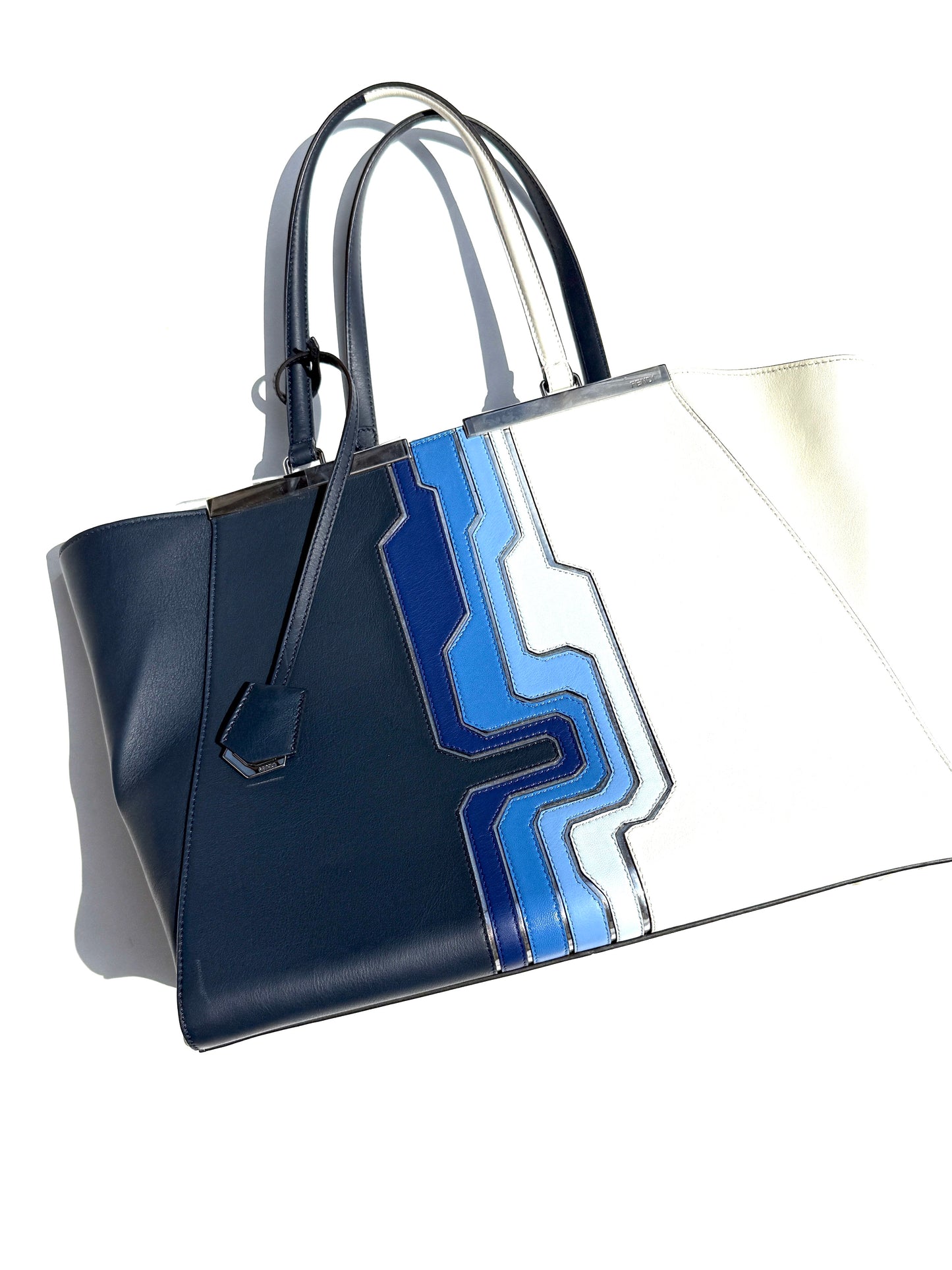 FENDI Vitello 3Jours Circuit Inlay Blue Navy White Large Shopping Tote Bag 