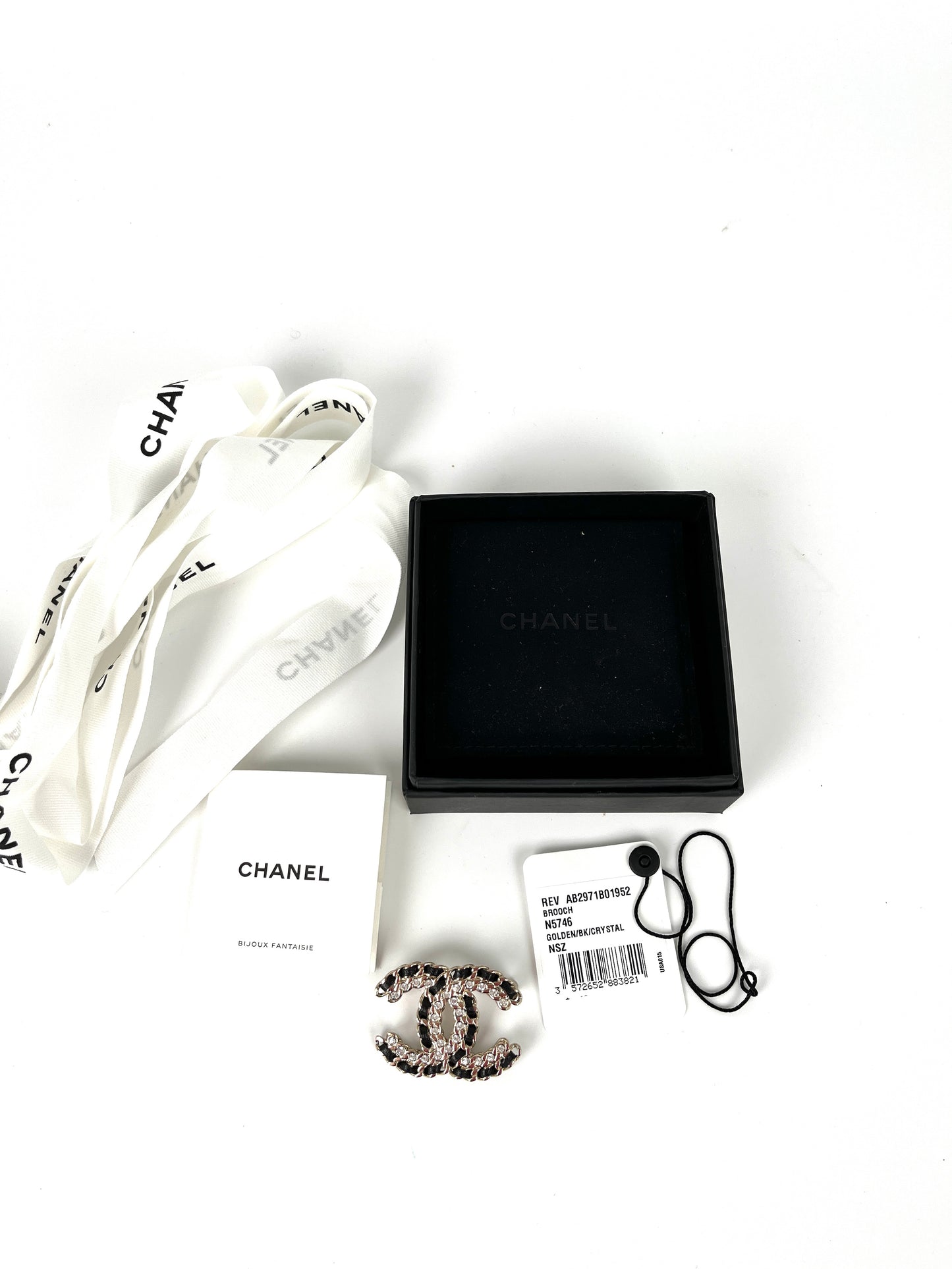 CHANEL CC Logo Leather Crystal Gold Black Brooch Pin