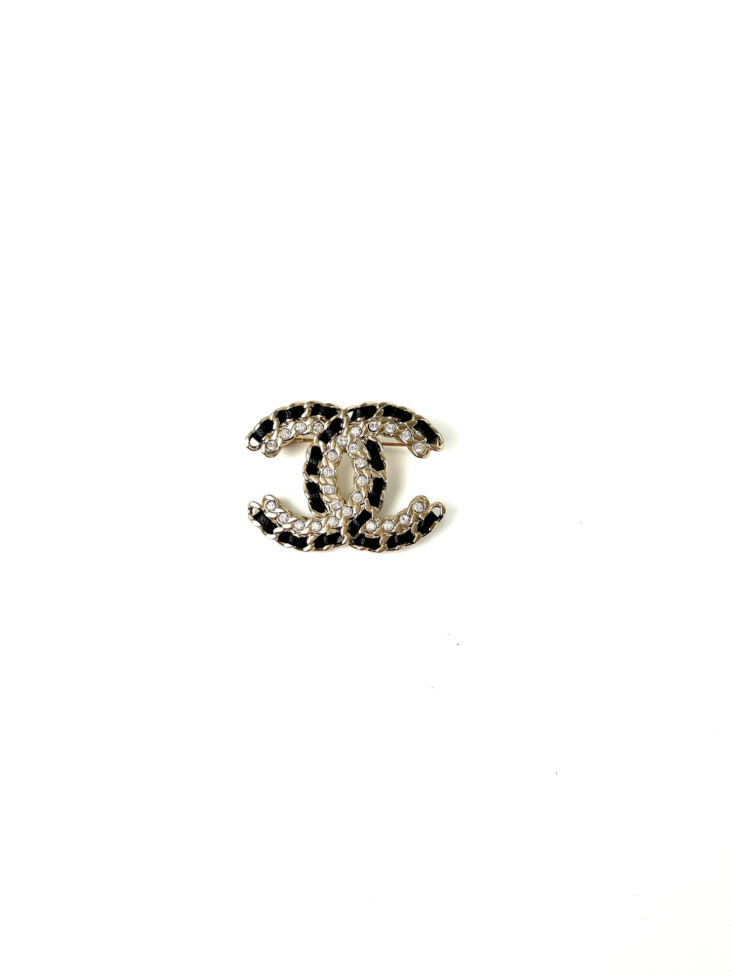 CHANEL CC Logo Leather Crystal Gold Black Brooch Pin