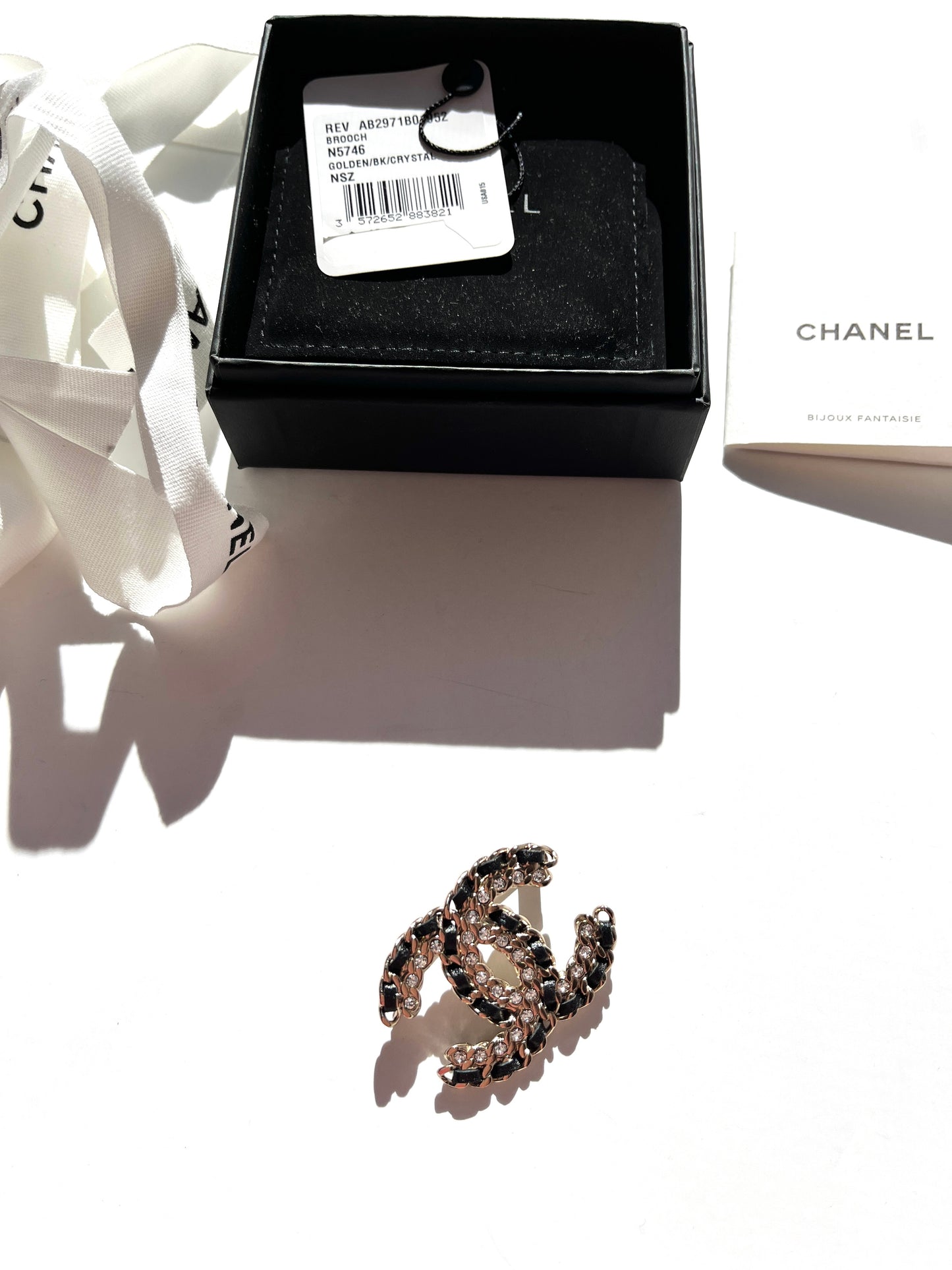 CHANEL CC Logo Leather Crystal Gold Black Brooch Pin