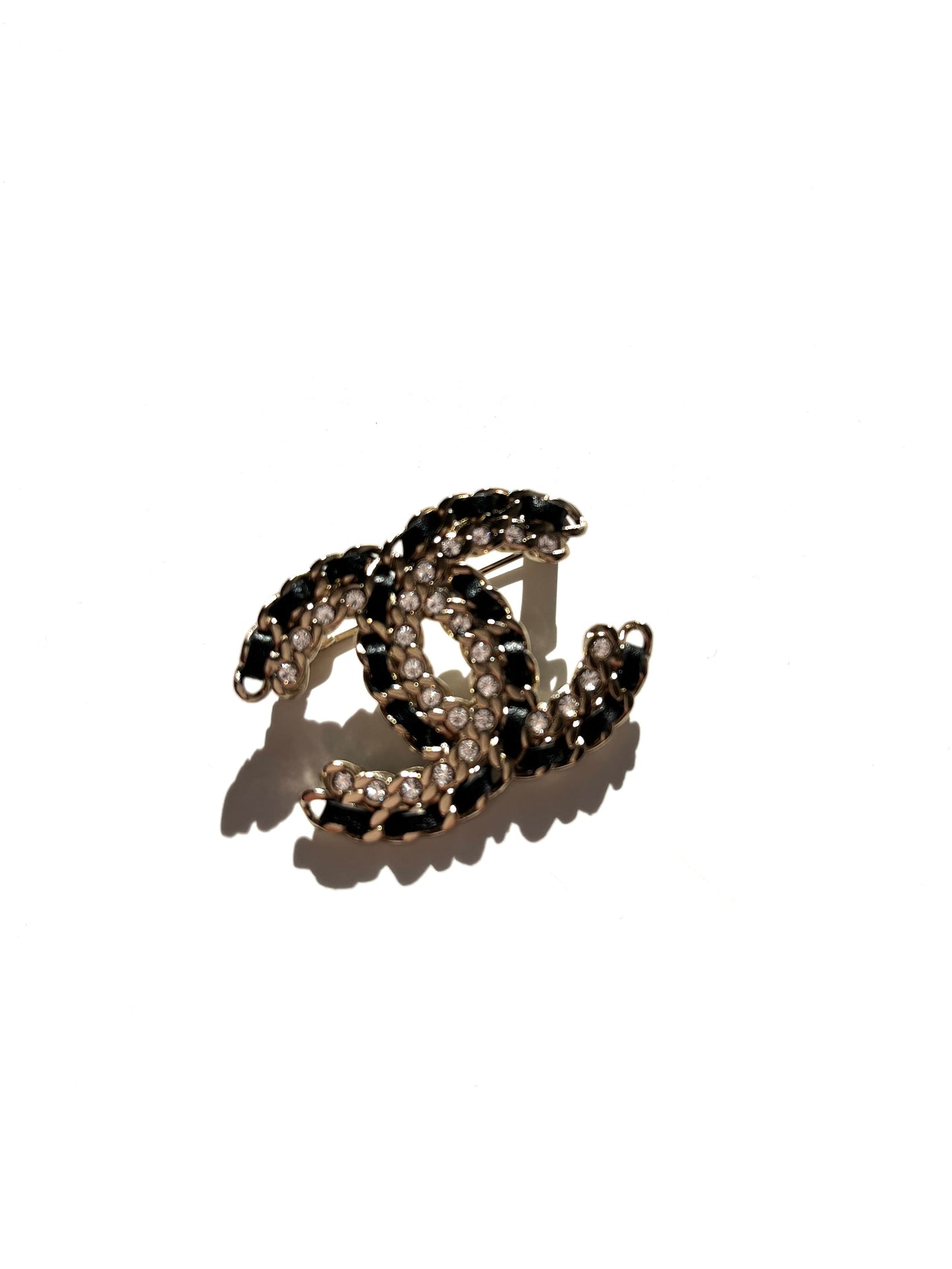 CHANEL CC Logo Leather Crystal Gold Black Brooch Pin