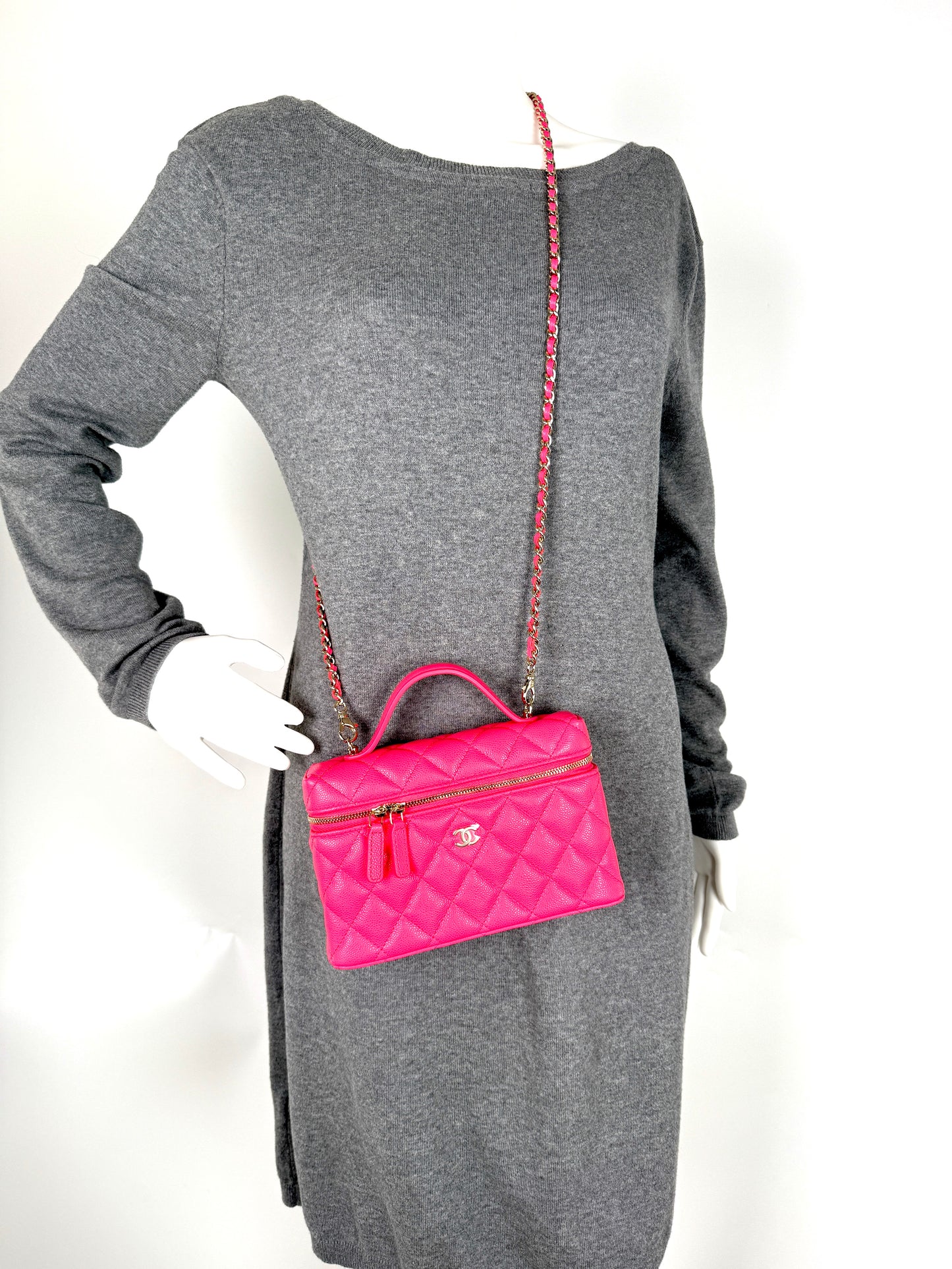 CHANEL Long Classic Vanity Hot Fuchsia Pink 26C Quilted Caviar Leather Zip Top Handle Crossbody with Chain Bag New