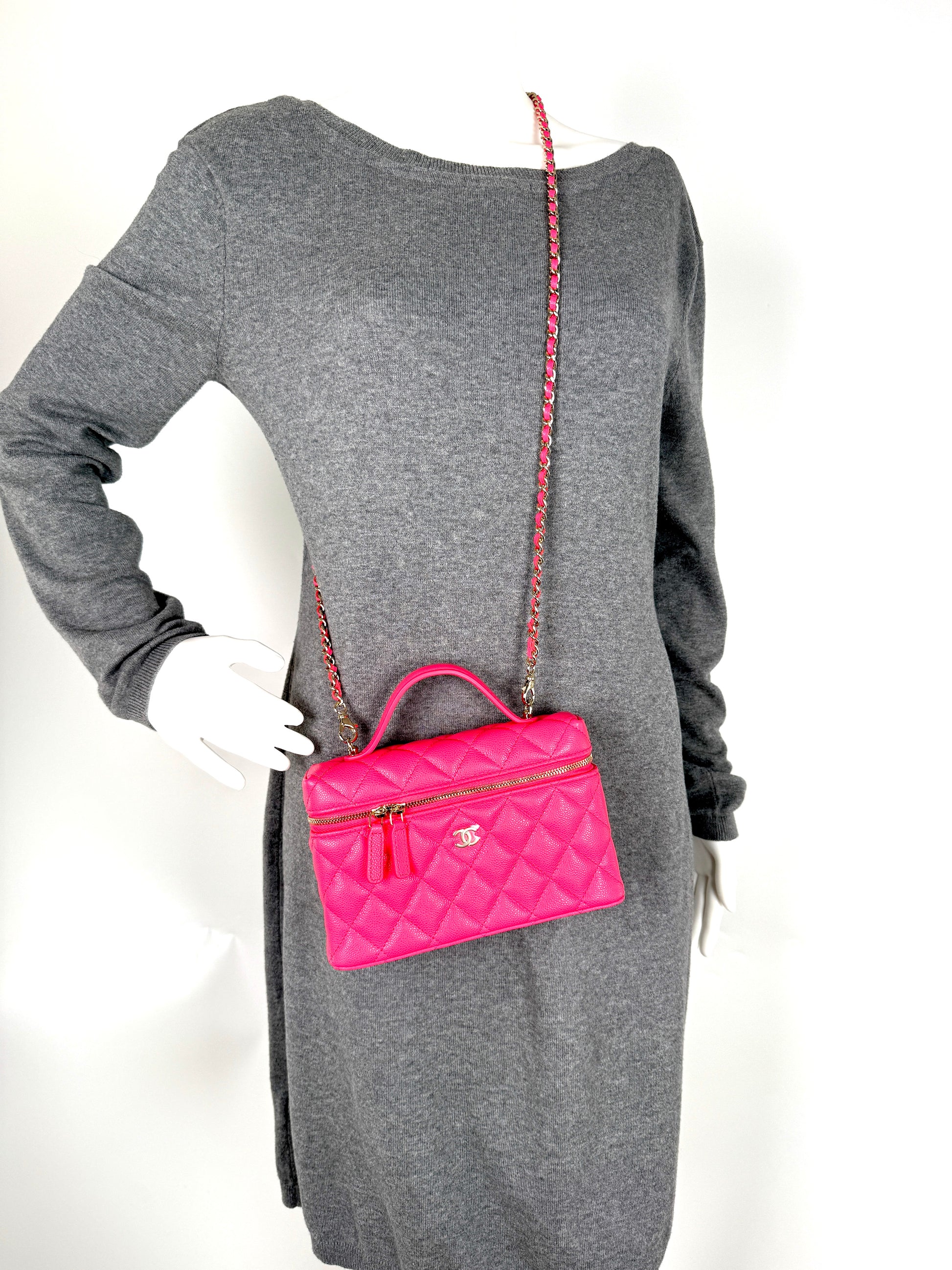 CHANEL Long Classic Vanity Hot Fuchsia Pink 26C Quilted Caviar Leather Zip Top Handle Crossbody with Chain Bag New