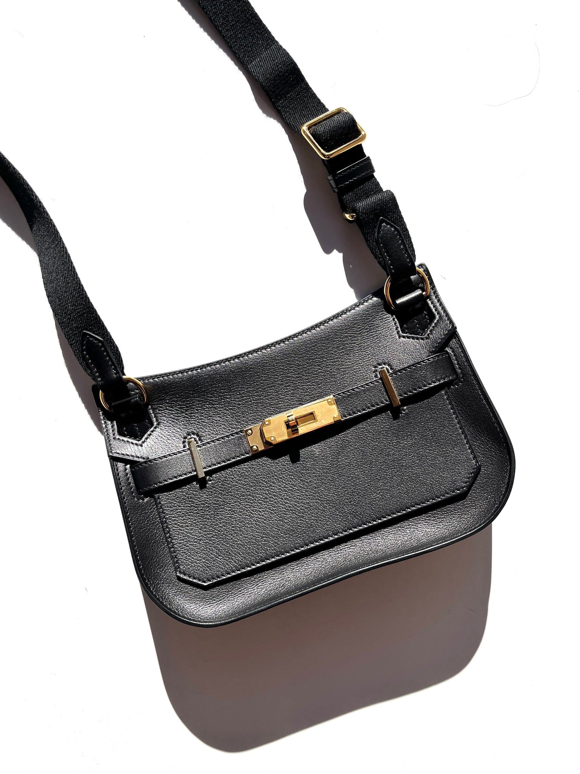 HERMES Mini Jypsiere Black Evercolor Leather Gold Hardware Crossbody Bag