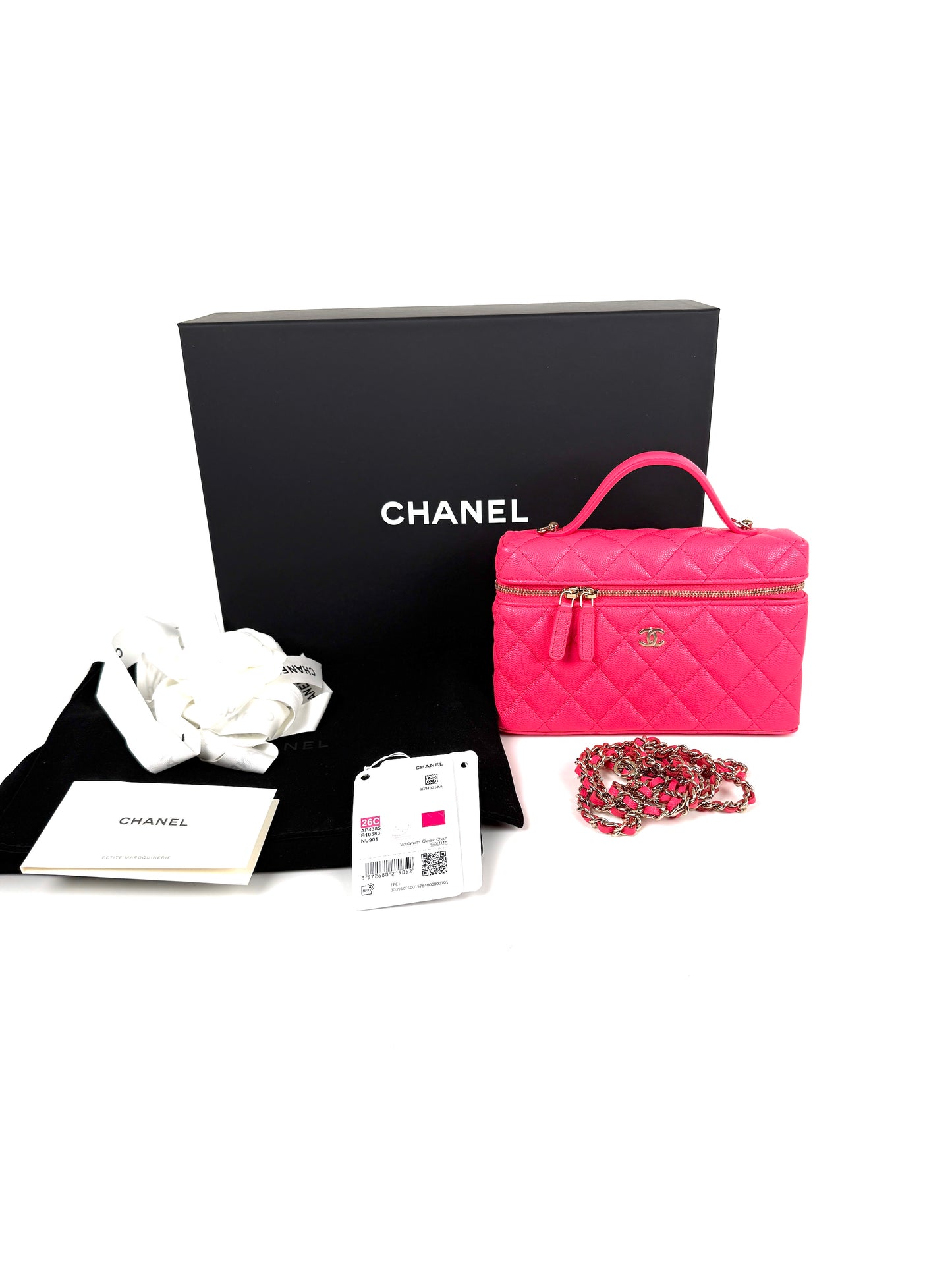 CHANEL Long Classic Vanity Hot Fuchsia Pink 26C Quilted Caviar Leather Zip Top Handle Crossbody with Chain Bag New