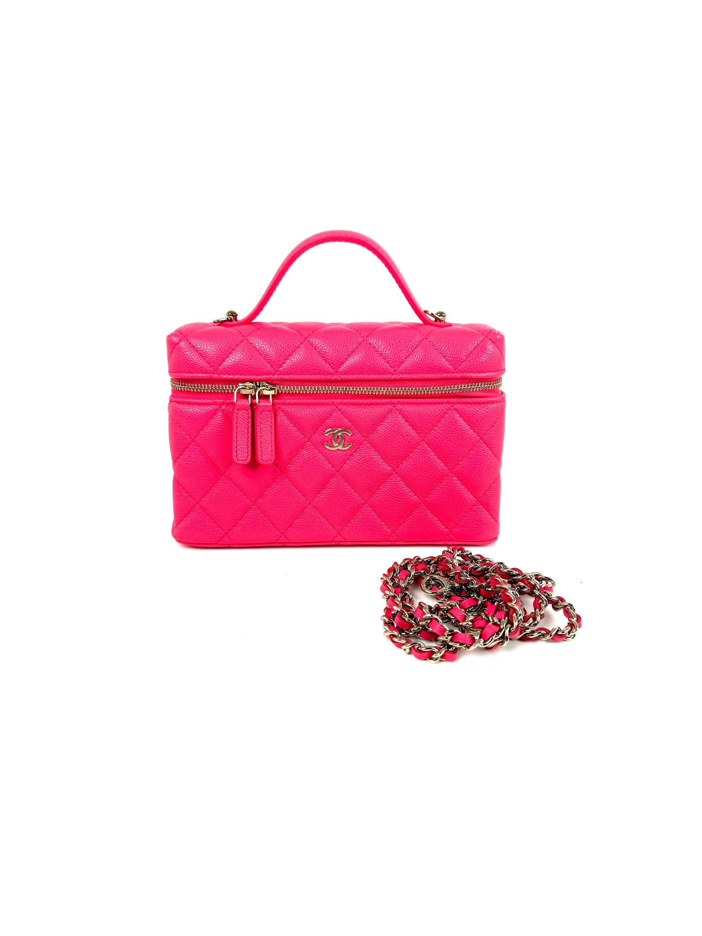 CHANEL Long Classic Vanity Hot Fuchsia Pink 26C Quilted Caviar Leather Zip Top Handle Crossbody with Chain Bag New