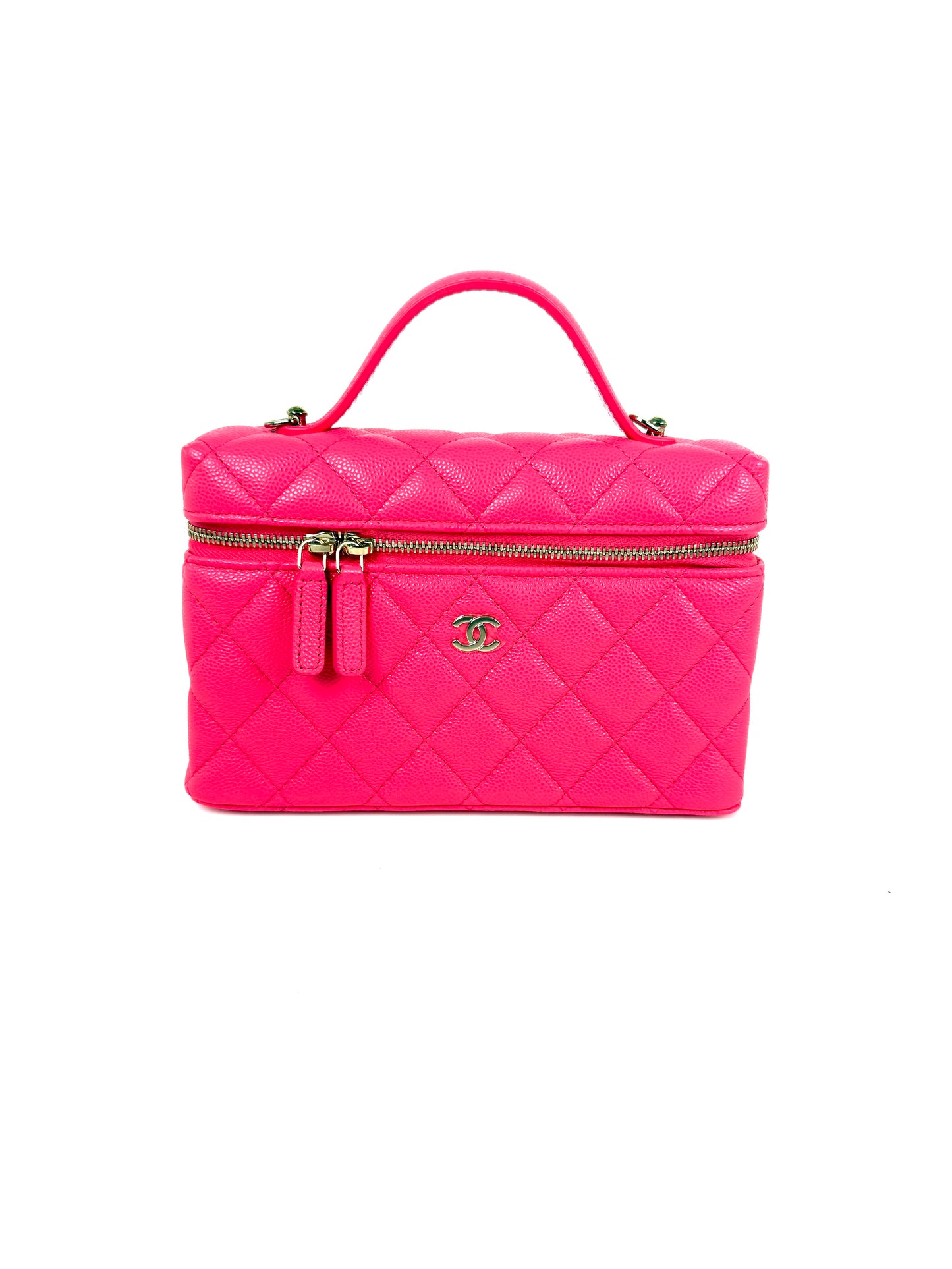 CHANEL Long Classic Vanity Hot Fuchsia Pink 26C Quilted Caviar Leather Zip Top Handle Crossbody with Chain Bag New