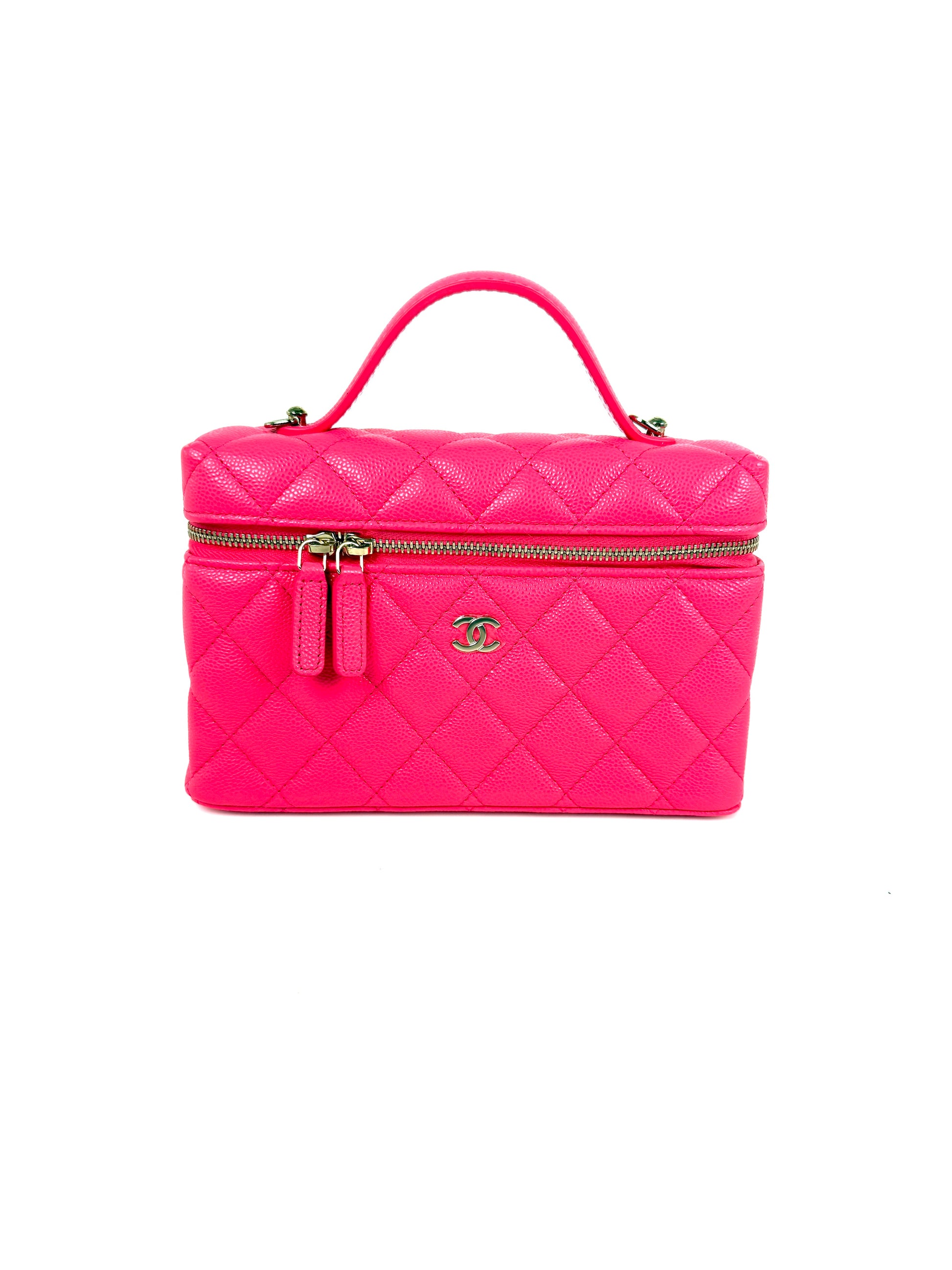 CHANEL Long Classic Vanity Hot Fuchsia Pink 26C Quilted Caviar Leather Zip Top Handle Crossbody with Chain Bag New