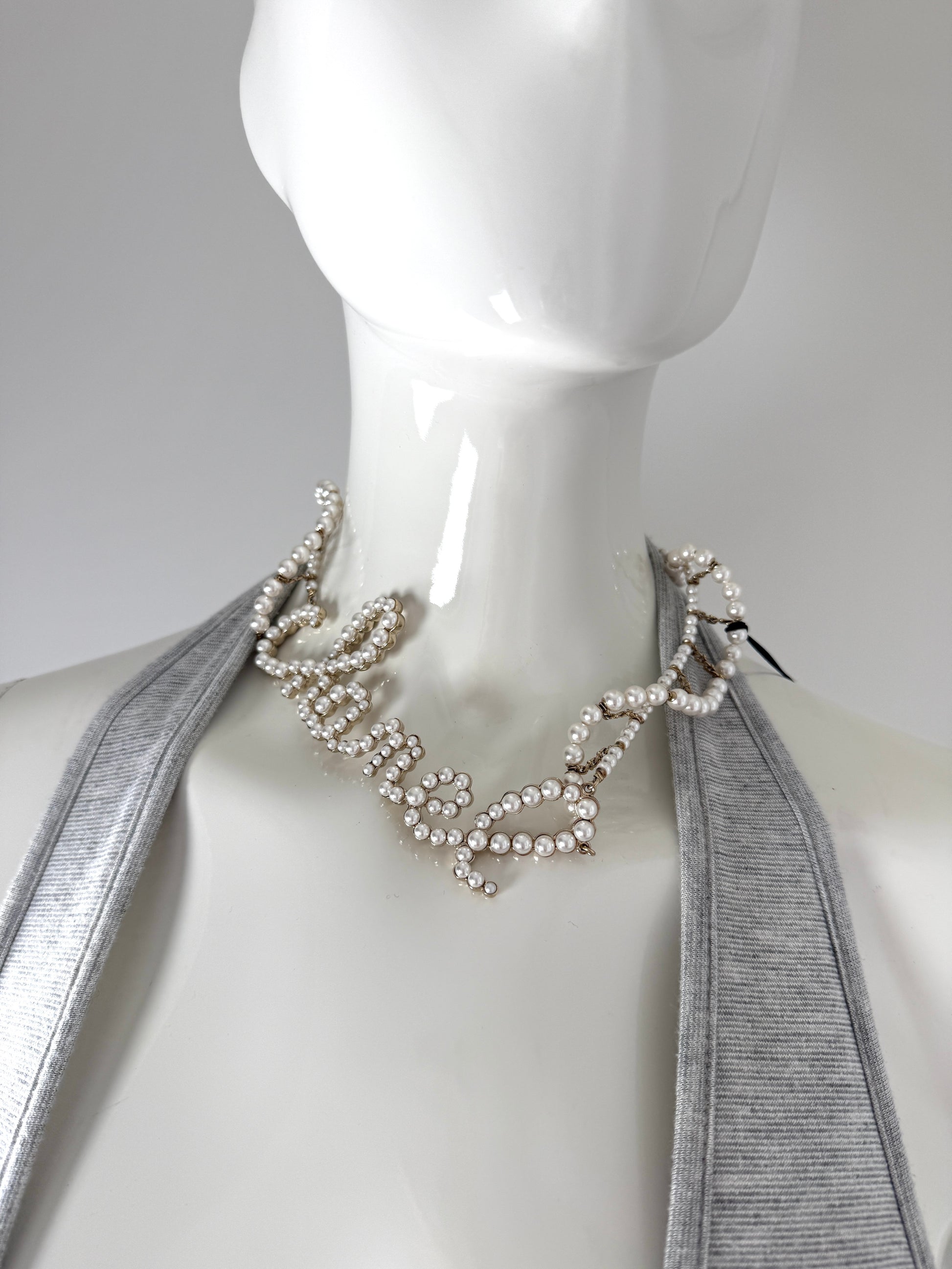 CHANEL Imitation Pearl Swirling Logo Letter Choker Necklace