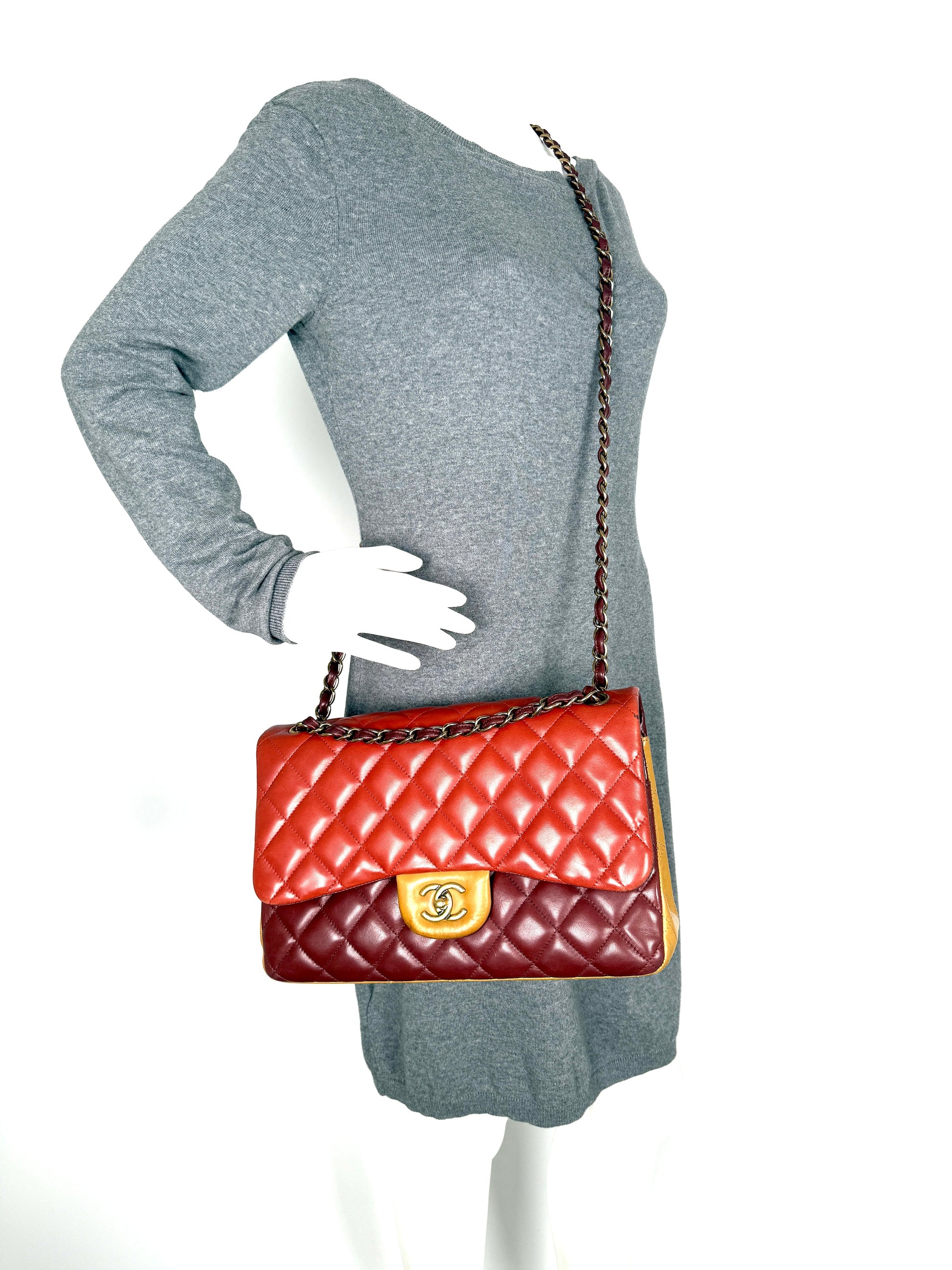 CHANEL Classic Jumbo Quilted Lambskin Tri-Color Burgundy Yellow Red Double Flap Shoulder Crossbody Bag 