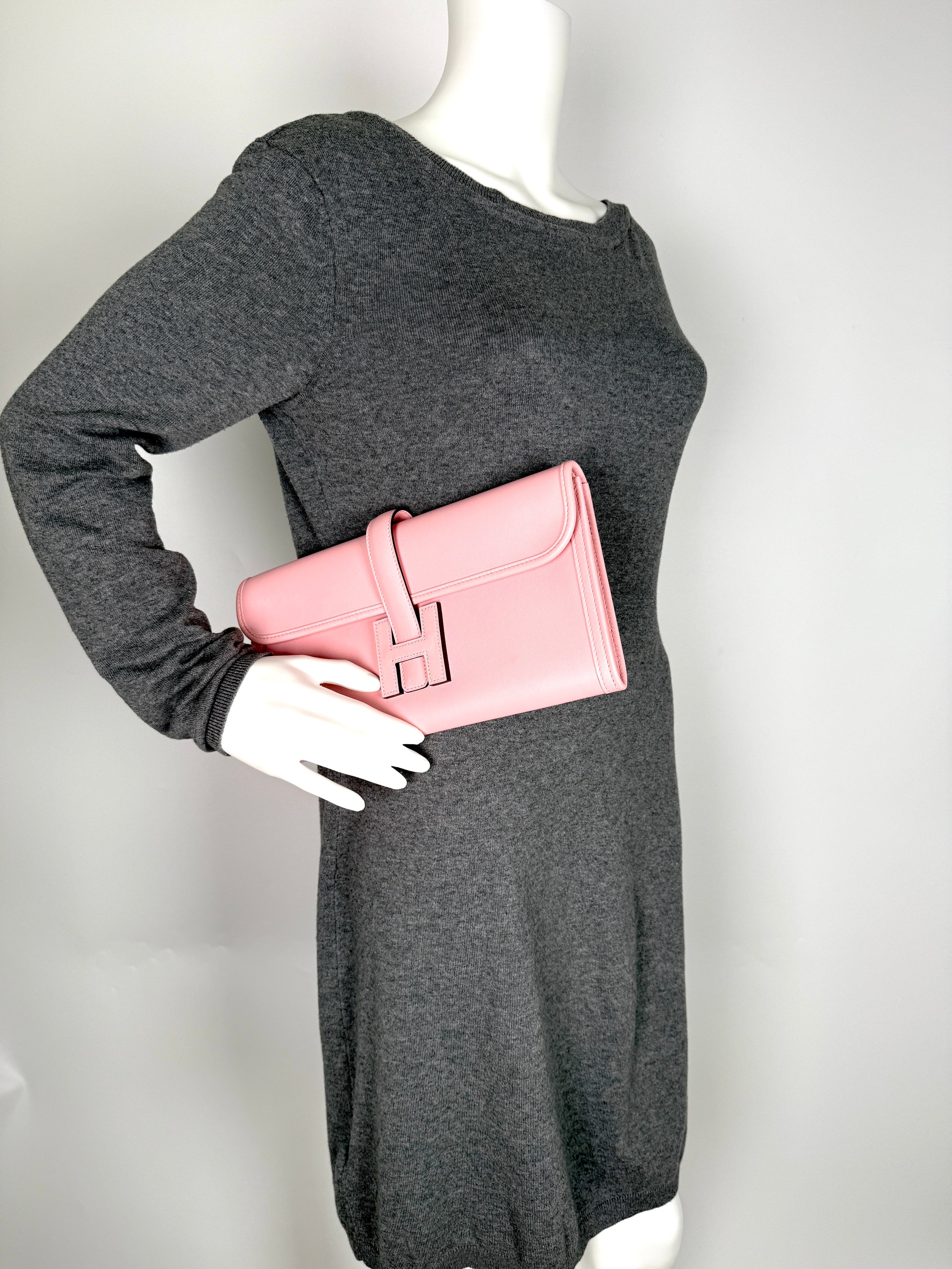 HERMES Jige Elan 29 Rose Sakura Pink Swift Leather Clutch