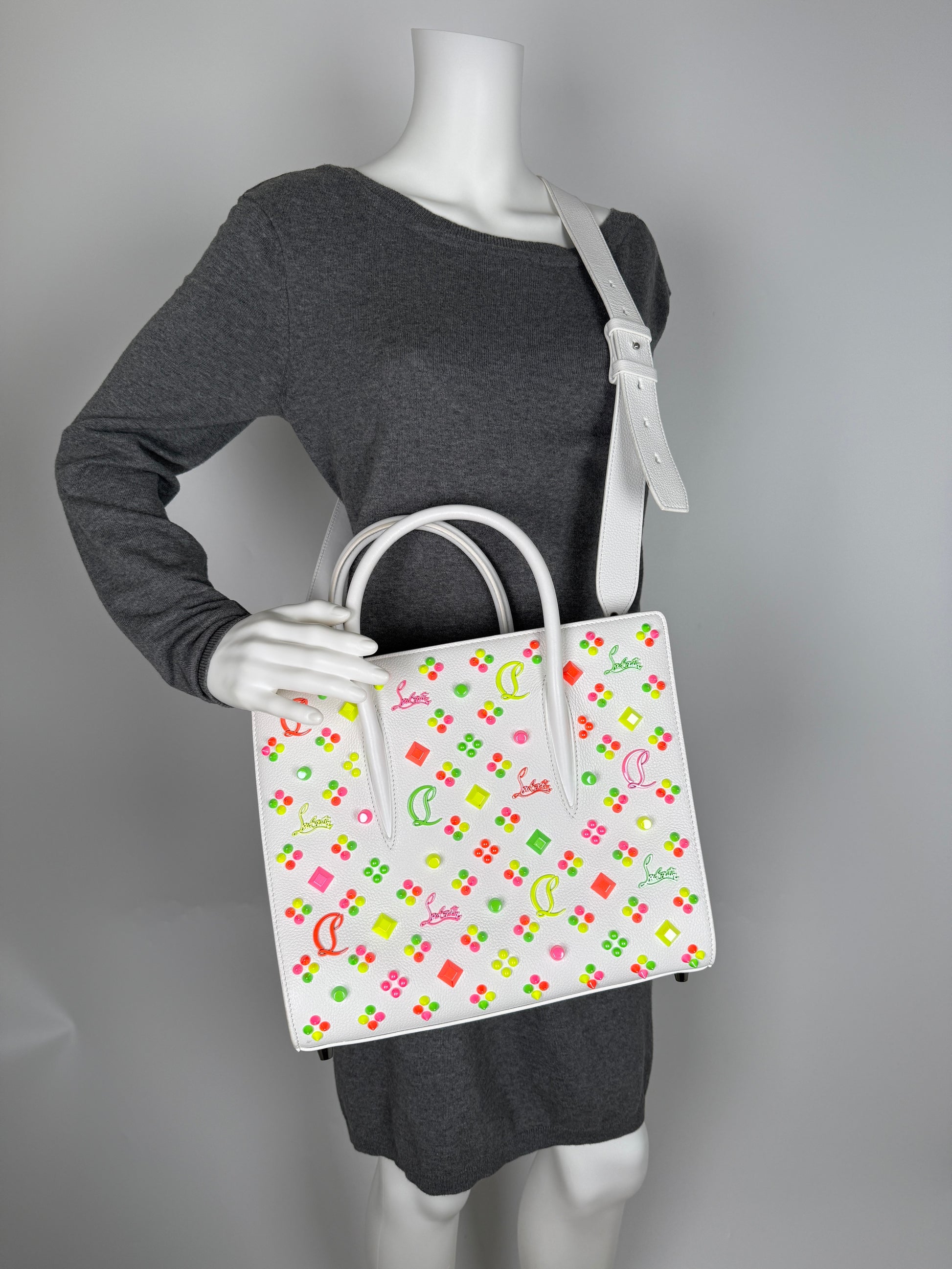 Christian Louboutin Paloma Medium Spike Loubinthesky White Neon Pink Leather Tote