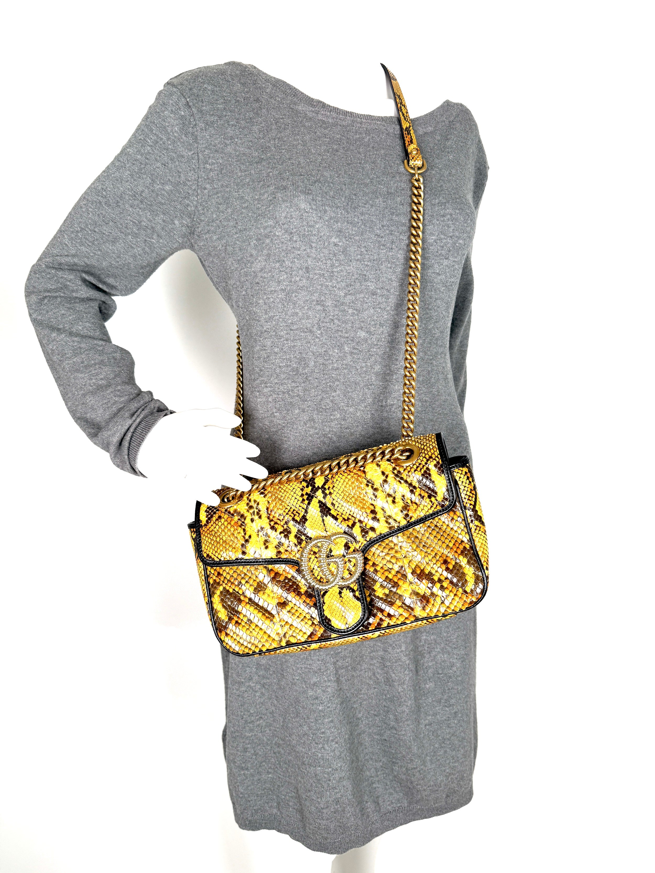 GUCCI GG Marmont Matellase Small Python Snakeskin Black Yellow