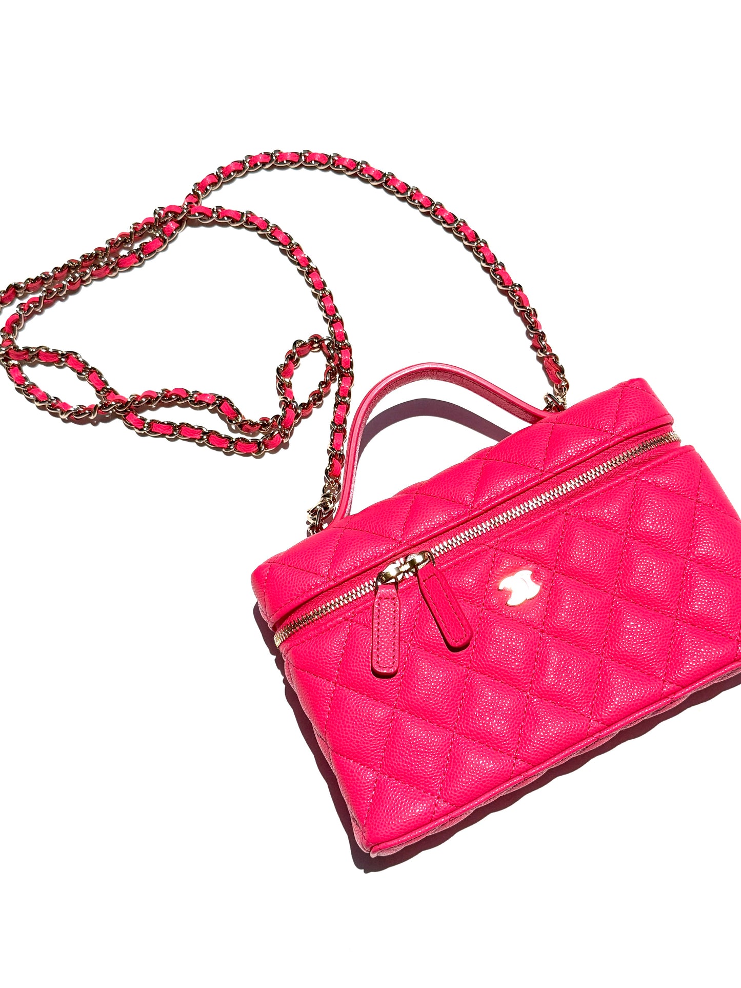 CHANEL Long Classic Vanity Hot Fuchsia Pink 26C Quilted Caviar Leather Zip Top Handle Crossbody with Chain Bag New
