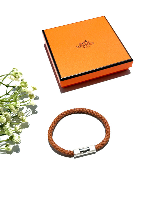 HERMES Puzzle H Gold Braided Leather Bracelet T4