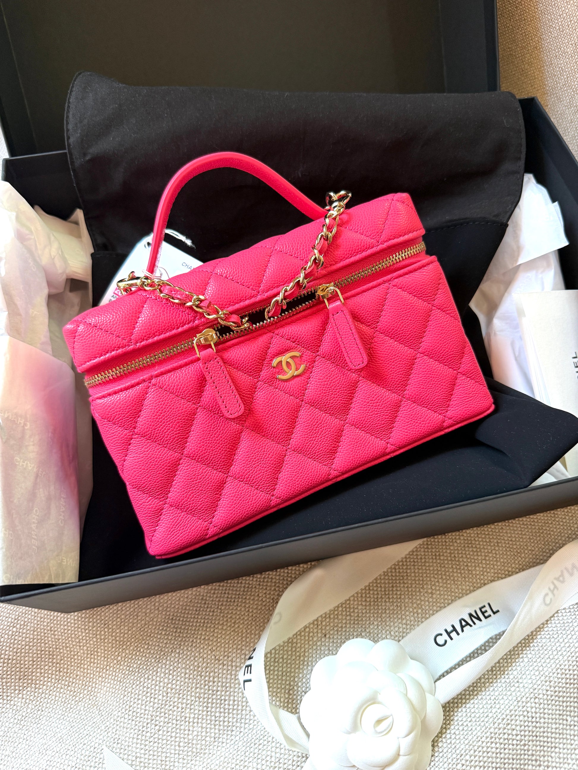 CHANEL Long Classic Vanity Hot Fuchsia Pink 26C Quilted Caviar Leather Zip Top Handle Crossbody with Chain Bag New