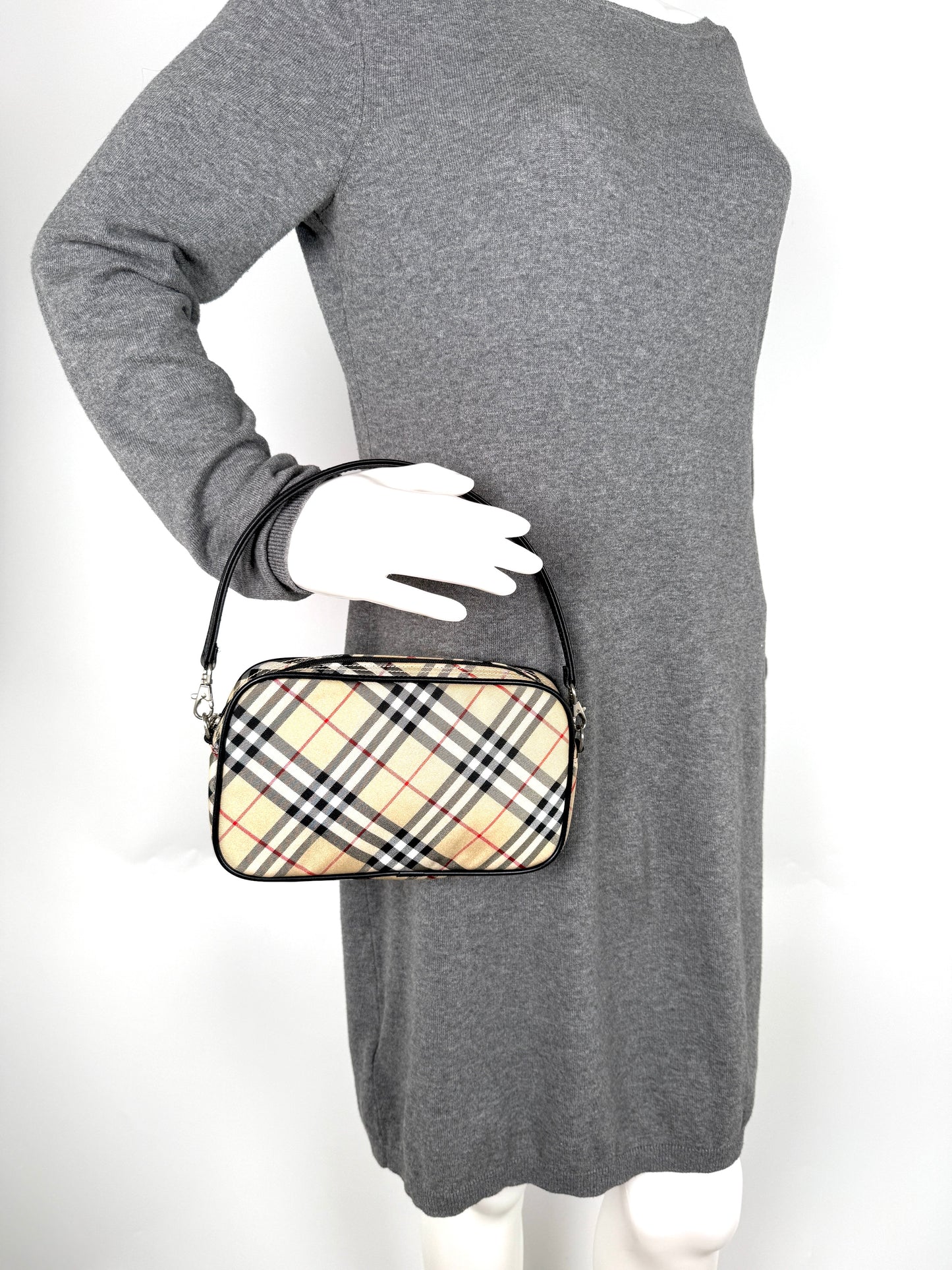 BURBERRY Blue label Nova Check Canvas Top Handle Pouch Case Bag