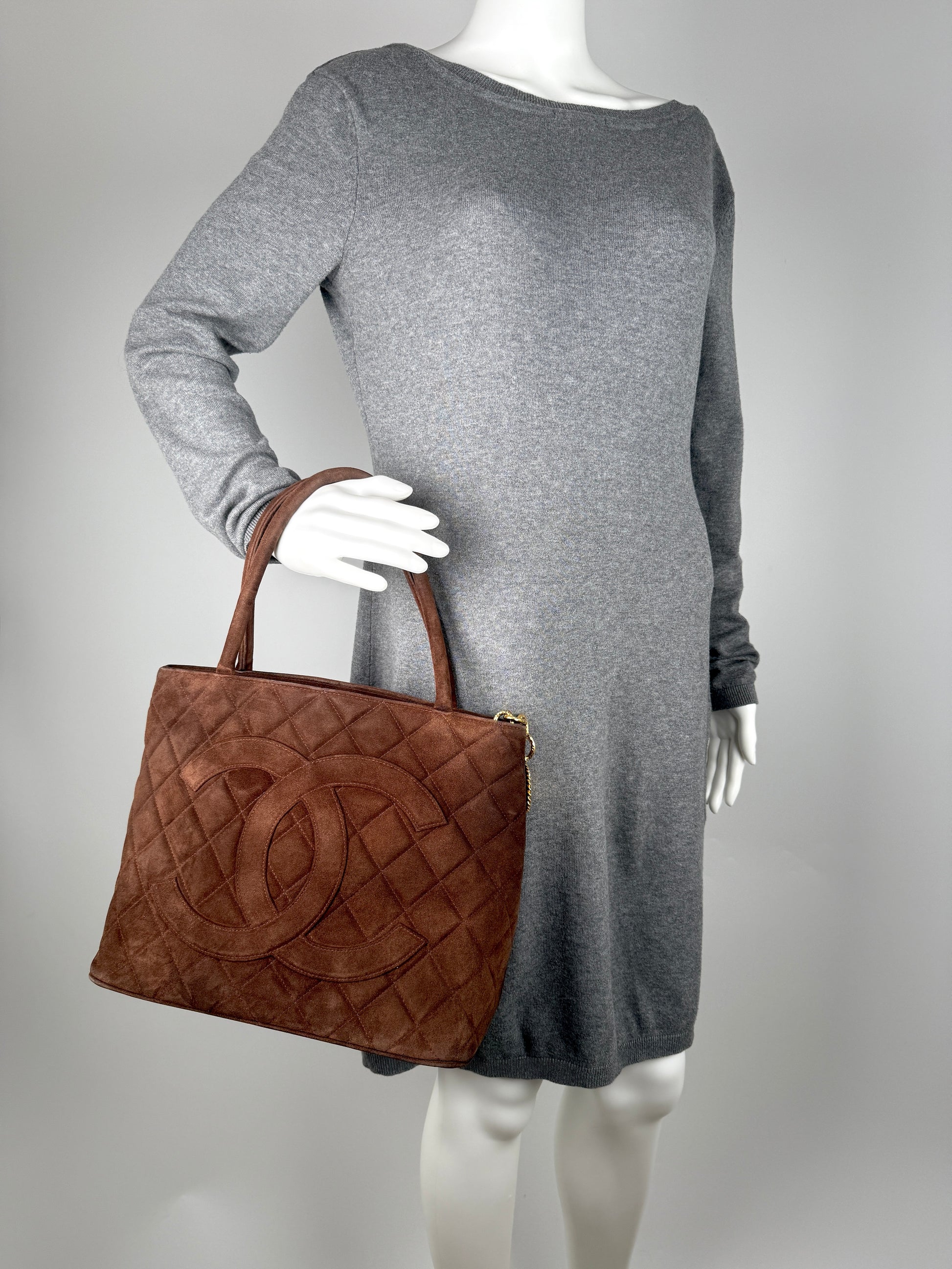 Vintage Chanel CC Timeless Medallion Suede Brown Tote 