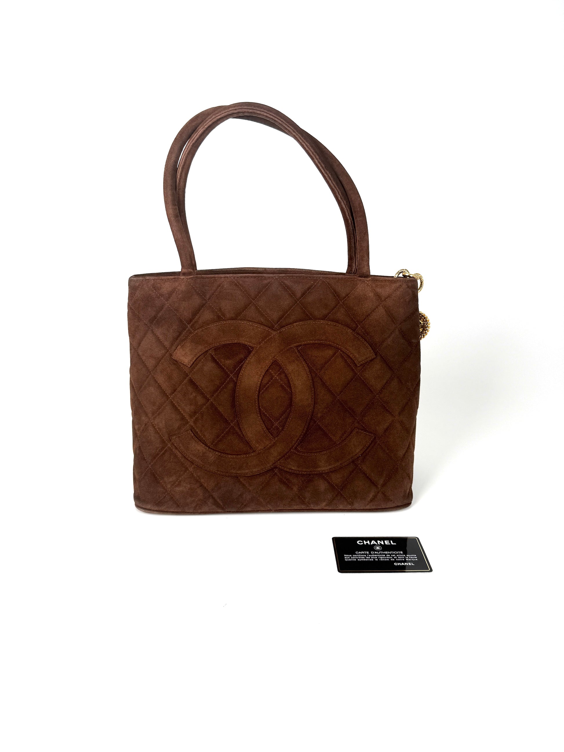 Vintage Chanel CC Timeless Medallion Suede Brown Tote 