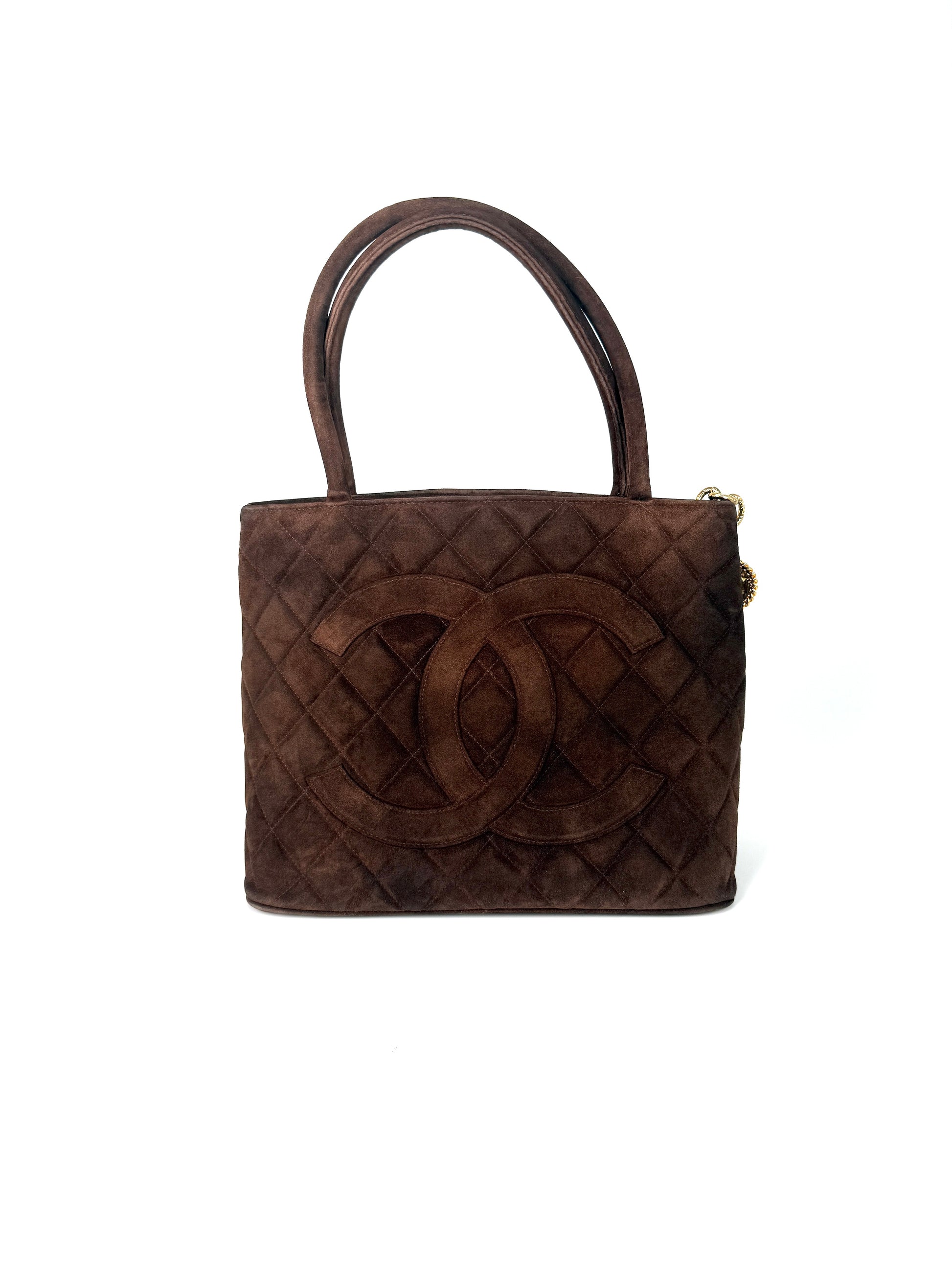 Vintage Chanel CC Timeless Medallion Suede Brown Tote 