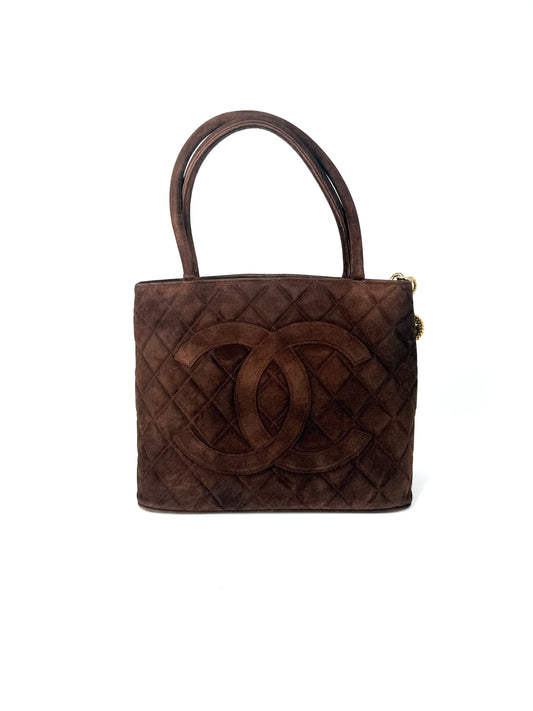 Vintage Chanel CC Timeless Medallion Suede Brown Tote 