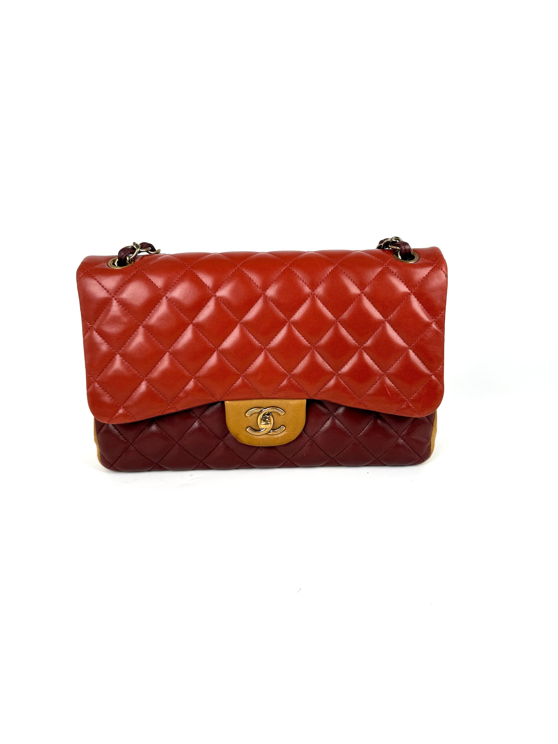 CHANEL Classic Jumbo Quilted Lambskin Tri-Color Burgundy Yellow Red Double Flap Shoulder Crossbody Bag 