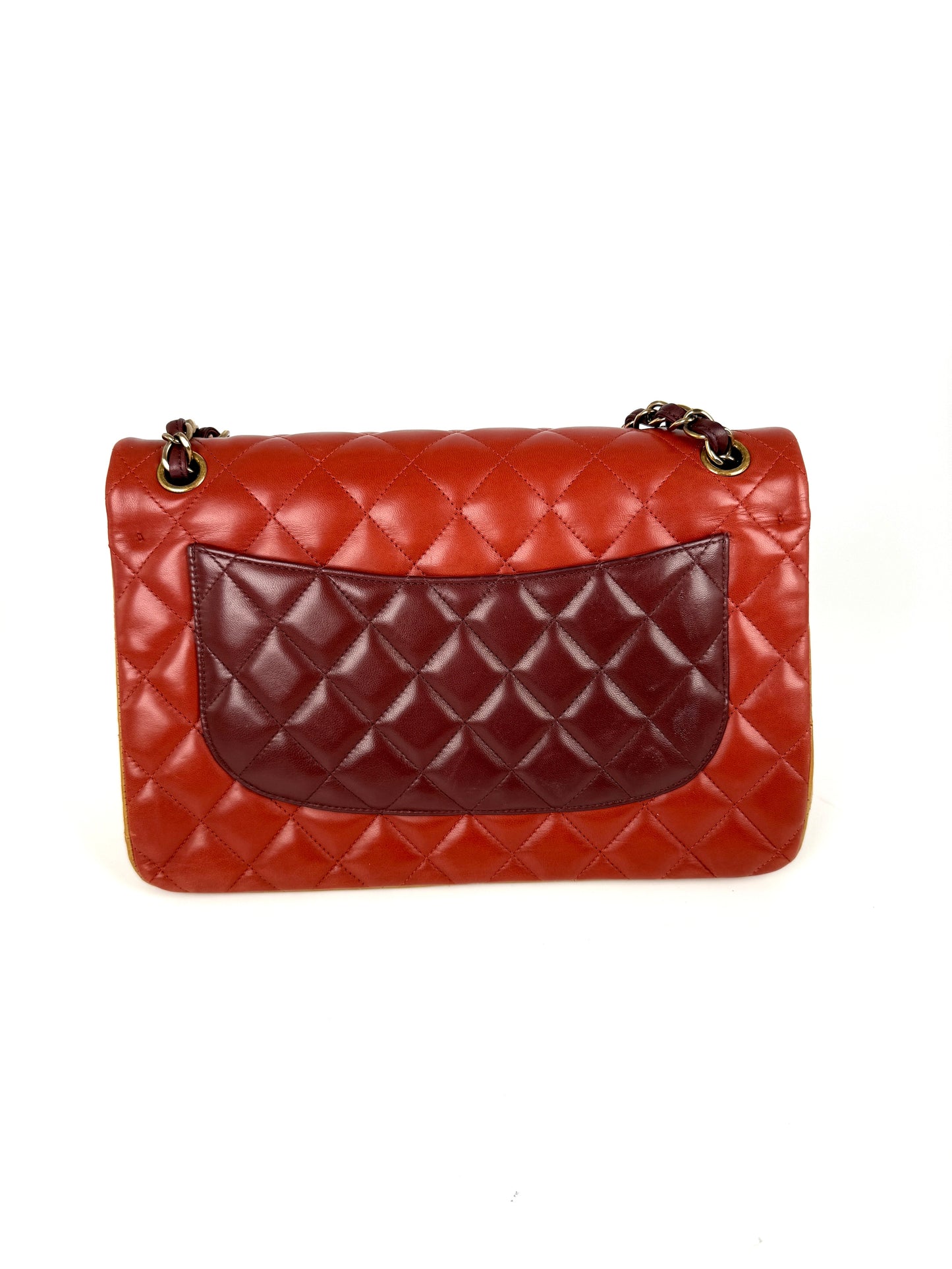 CHANEL Classic Jumbo Quilted Lambskin Tri-Color Burgundy Yellow Red Double Flap Shoulder Crossbody Bag