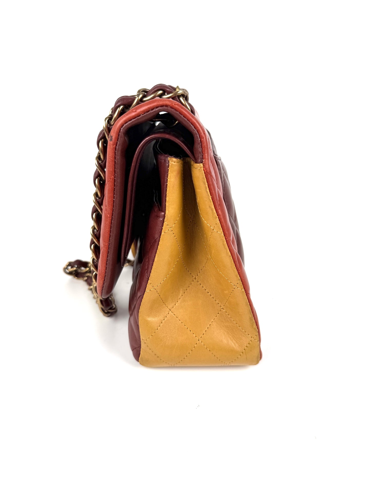 CHANEL Classic Jumbo Quilted Lambskin Tri-Color Burgundy Yellow Red Double Flap Shoulder Crossbody Bag