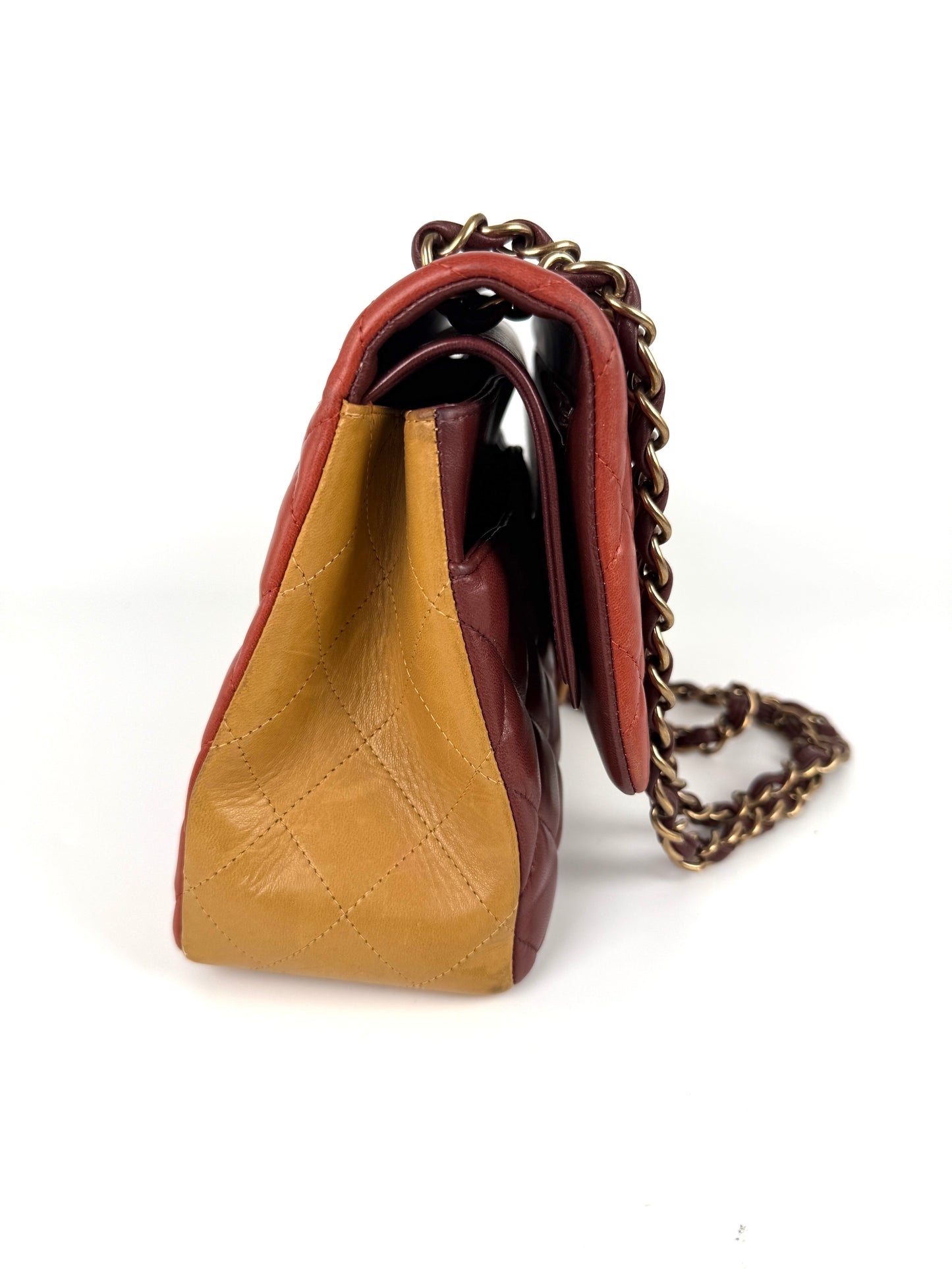CHANEL Classic Jumbo Quilted Lambskin Tri-Color Burgundy Yellow Red Double Flap Shoulder Crossbody Bag