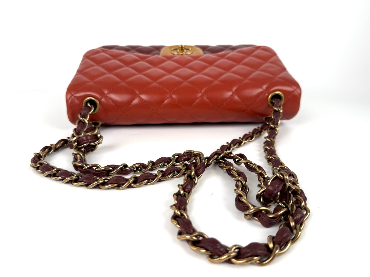 CHANEL Classic Jumbo Quilted Lambskin Tri-Color Burgundy Yellow Red Double Flap Shoulder Crossbody Bag