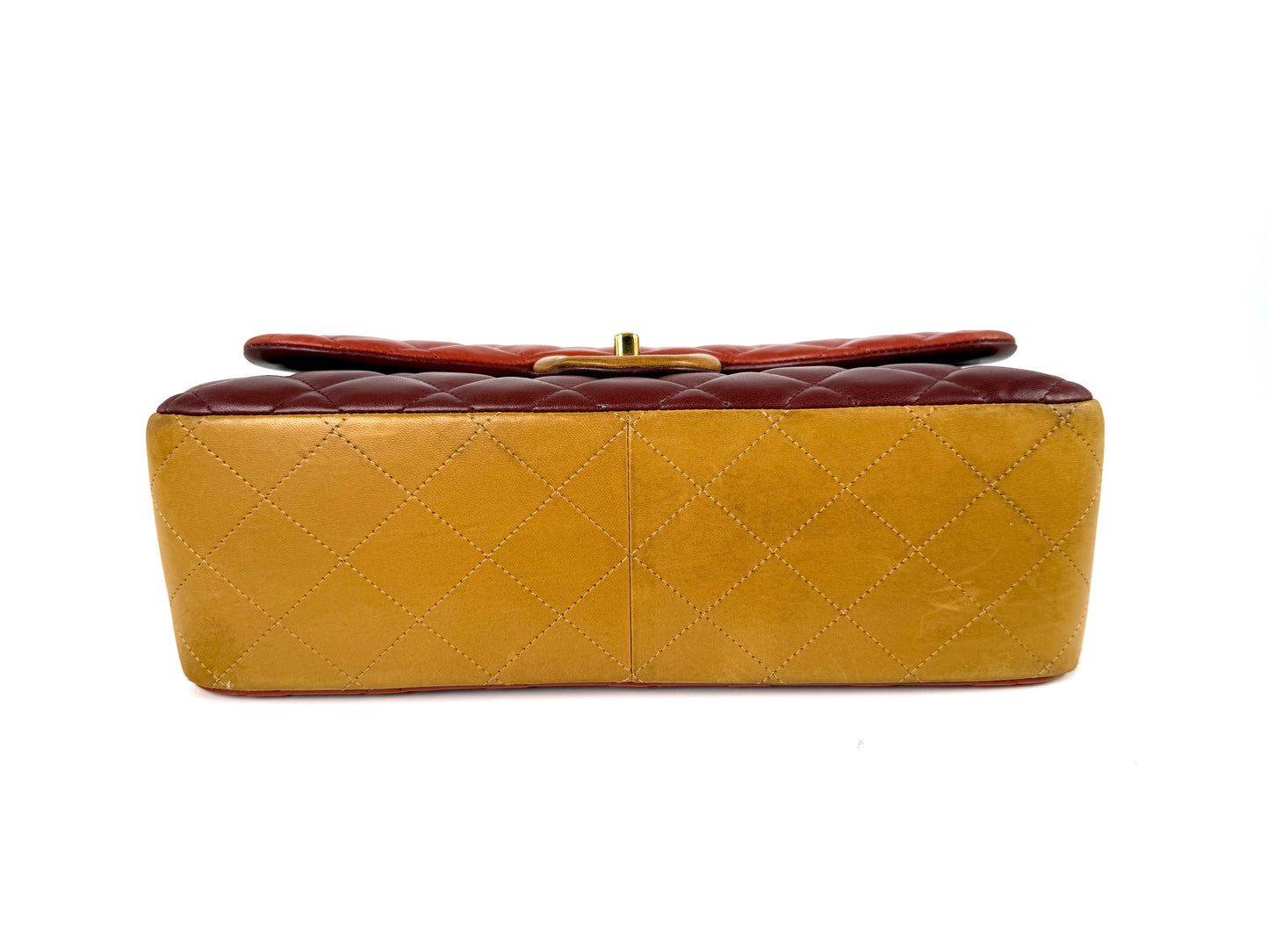 CHANEL Classic Jumbo Quilted Lambskin Tri-Color Burgundy Yellow Red Double Flap Shoulder Crossbody Bag