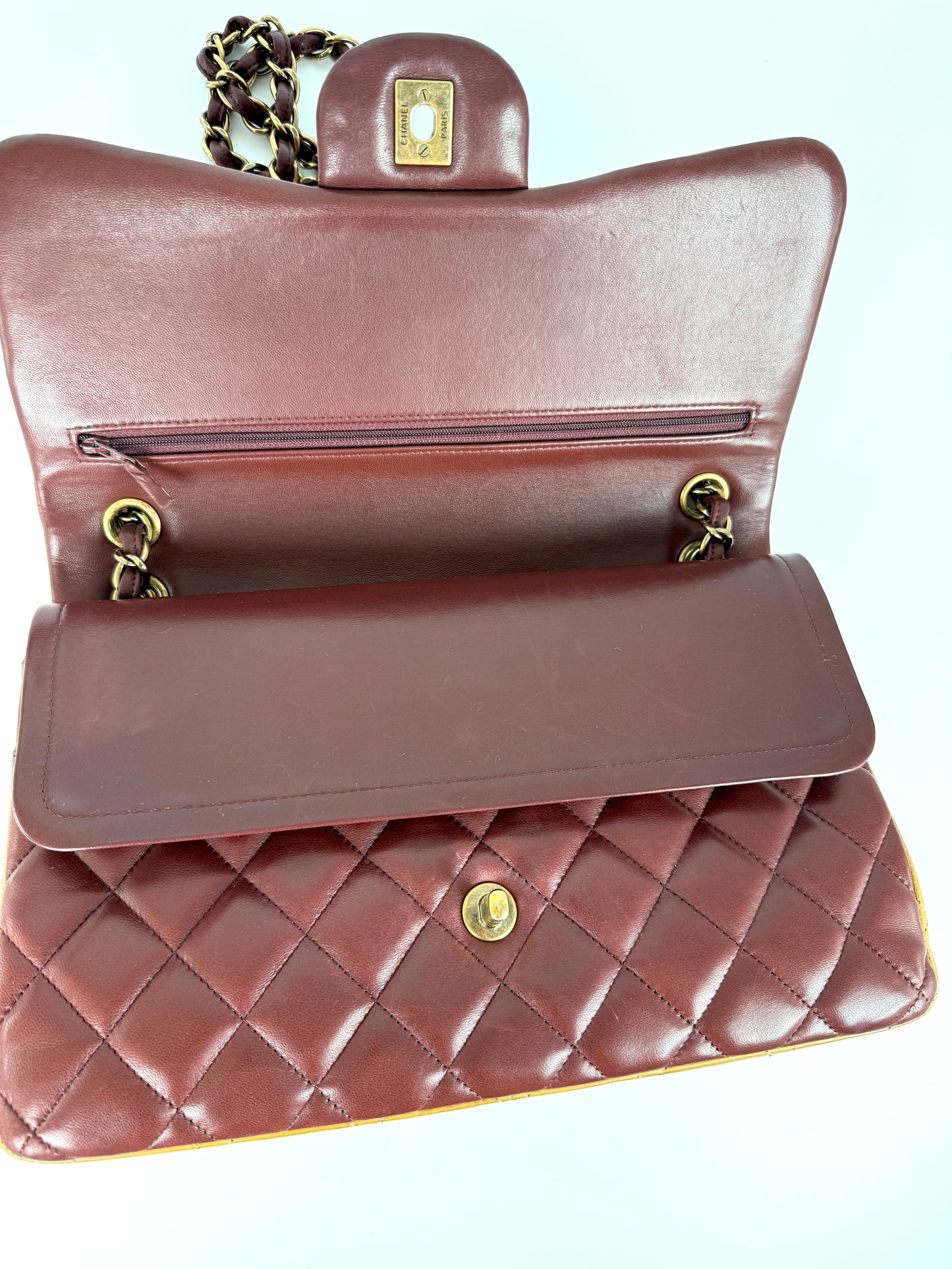 CHANEL Classic Jumbo Quilted Lambskin Tri-Color Burgundy Yellow Red Double Flap Shoulder Crossbody Bag