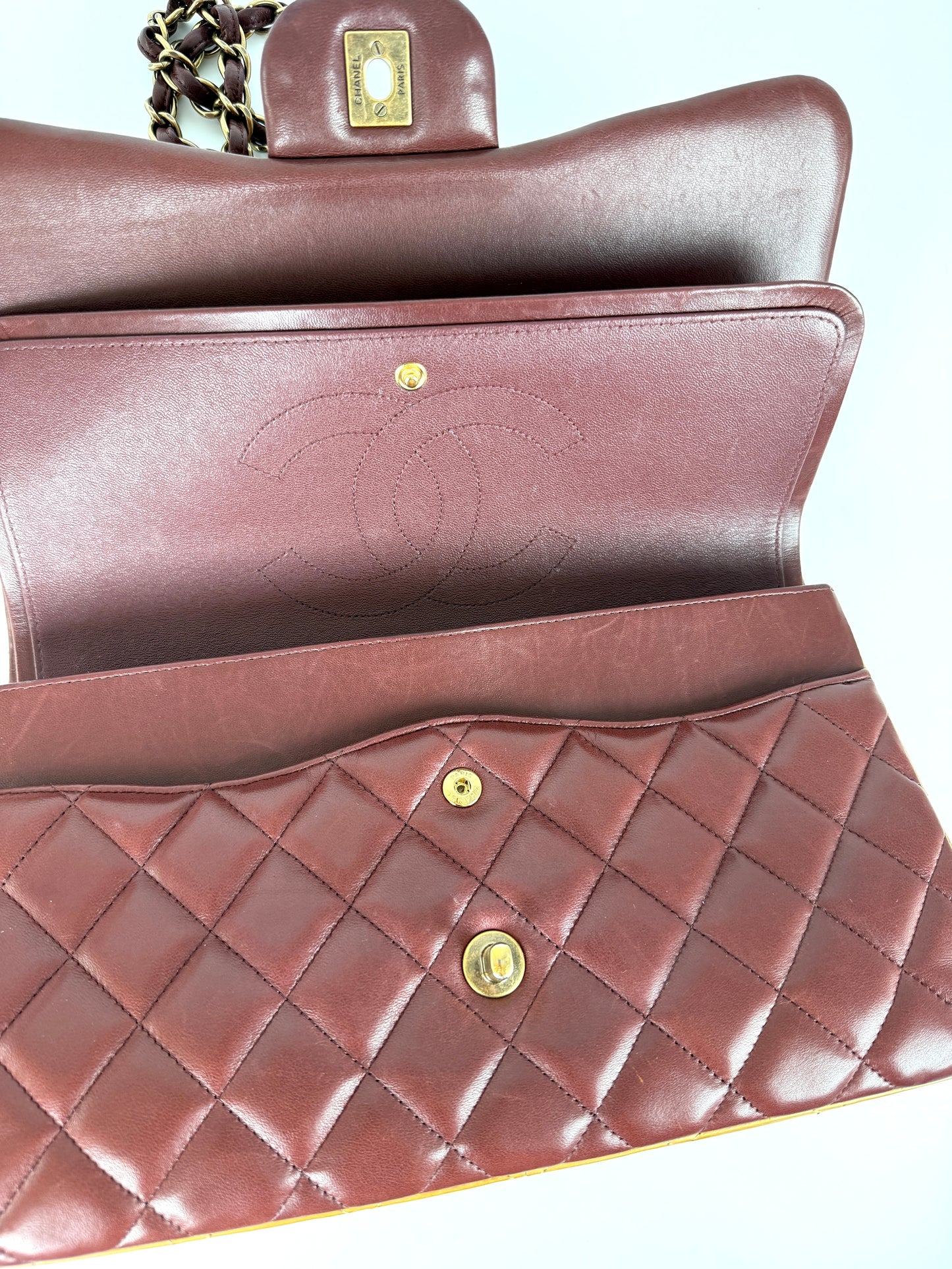 CHANEL Classic Jumbo Quilted Lambskin Tri-Color Burgundy Yellow Red Double Flap Shoulder Crossbody Bag