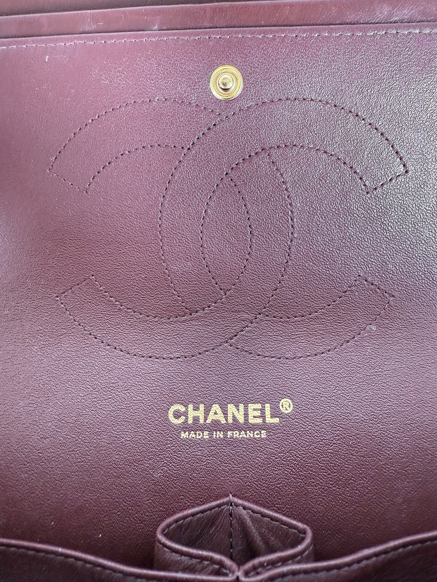 CHANEL Classic Jumbo Quilted Lambskin Tri-Color Burgundy Yellow Red Double Flap Shoulder Crossbody Bag