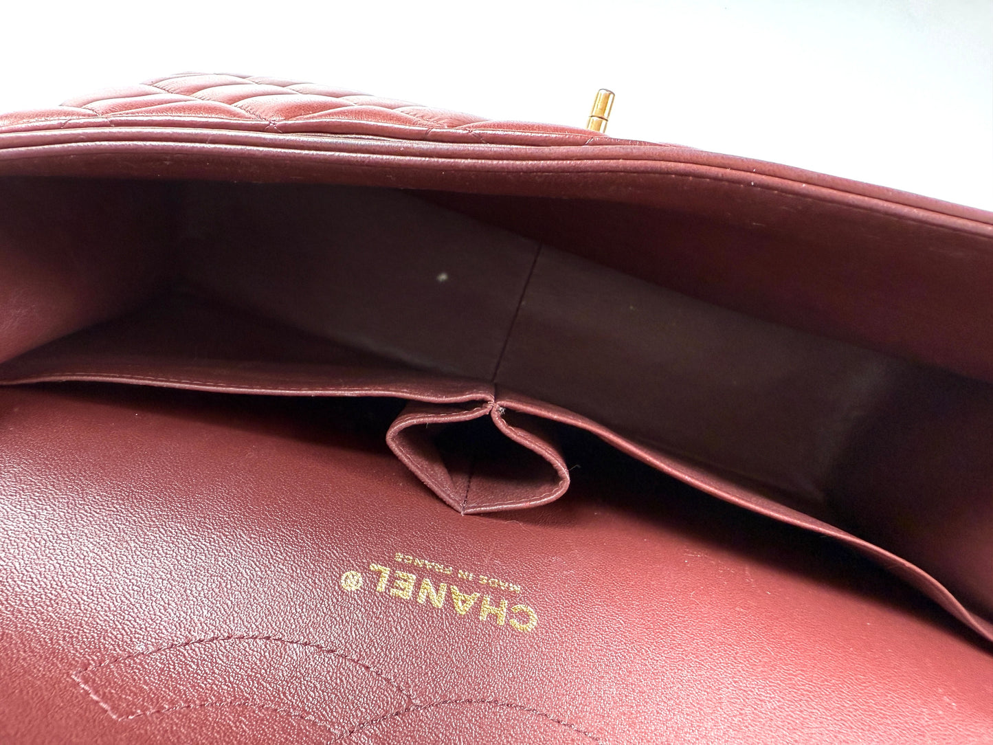 CHANEL Classic Jumbo Quilted Lambskin Tri-Color Burgundy Yellow Red Double Flap Shoulder Crossbody Bag