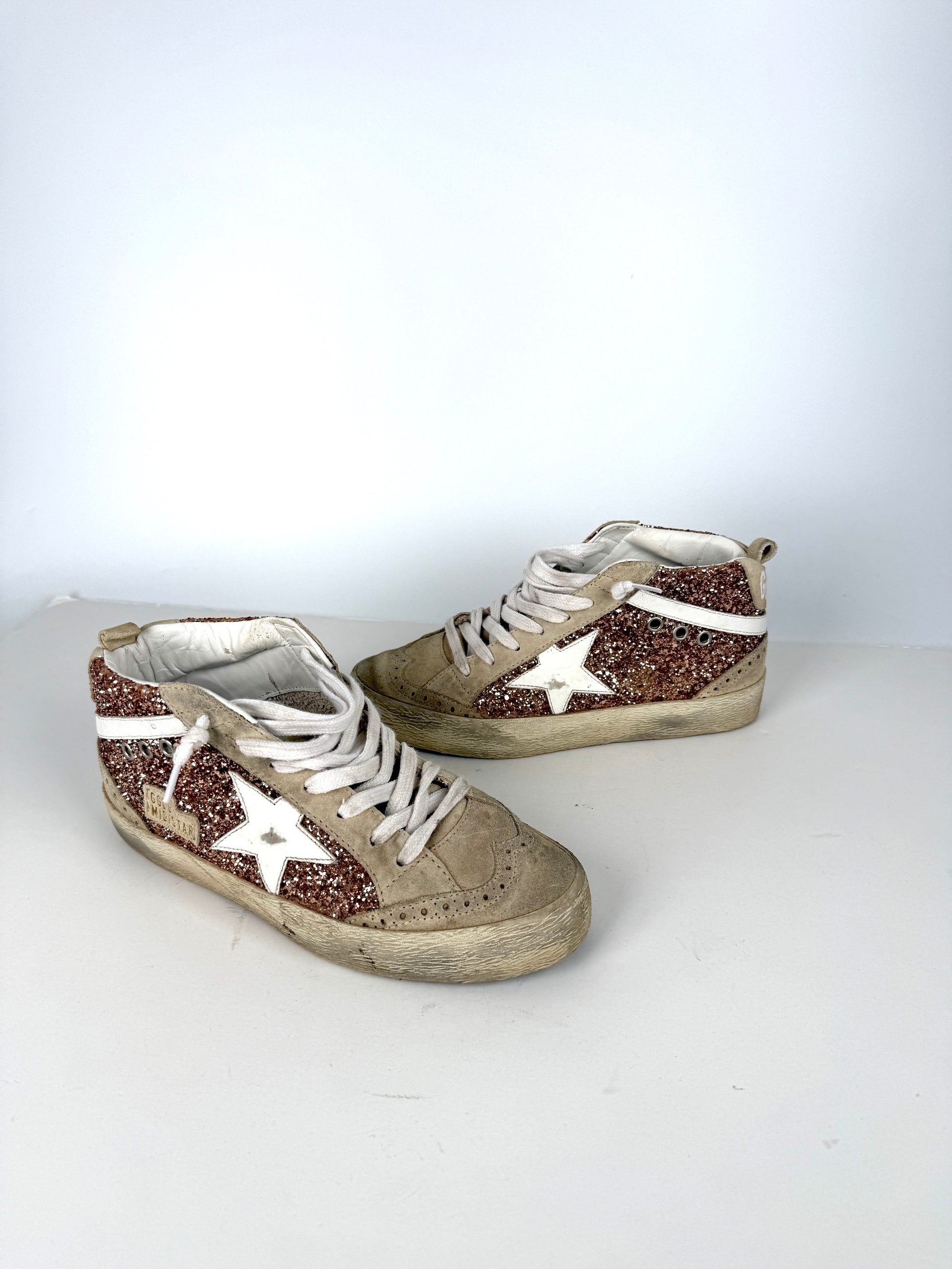 Golden Goose Midstar High Top Black Rose Gold Glitter Sneakers 37